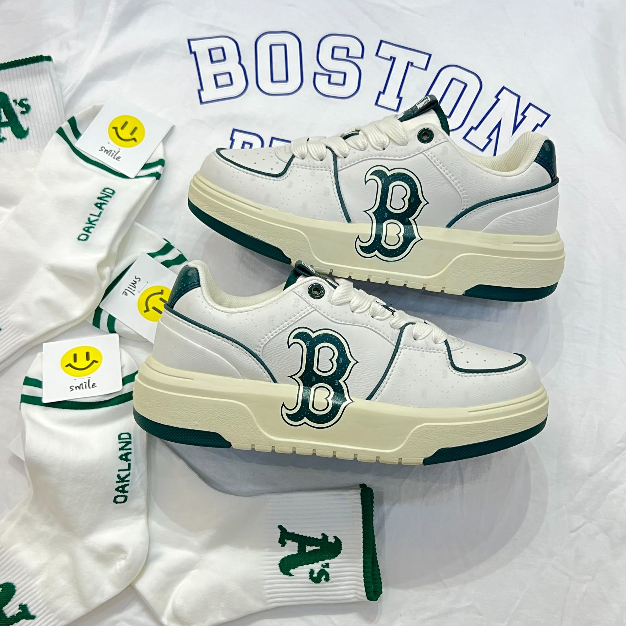 1347 - HÀNG CHÍNH HÃNG - GIÀY MLB CHUNKY LINER DIA MONOGRAM B BOSTON - WHITE VINTAGE - GREEN