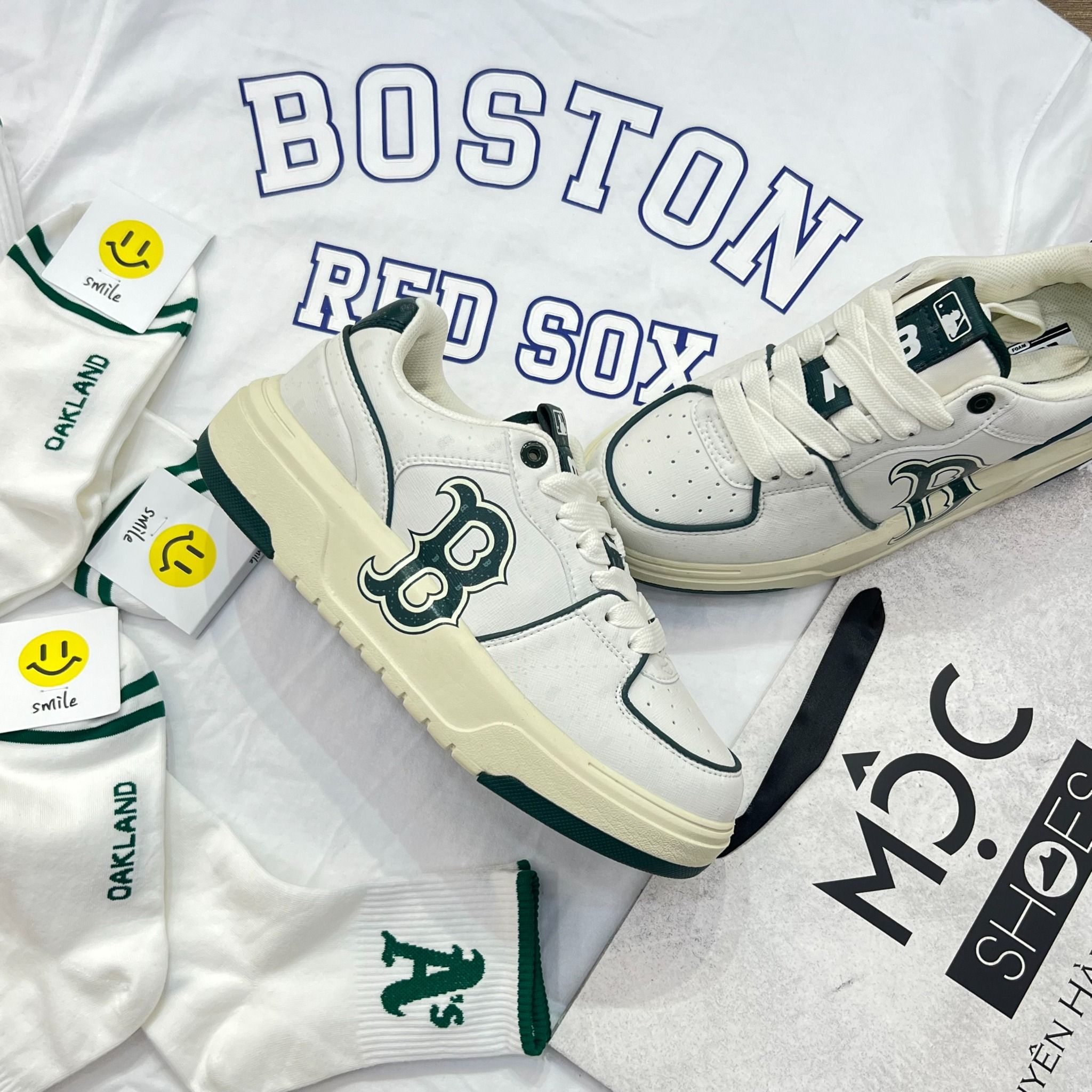 1347 - HÀNG CHÍNH HÃNG - GIÀY MLB CHUNKY LINER DIA MONOGRAM B BOSTON - WHITE VINTAGE - GREEN
