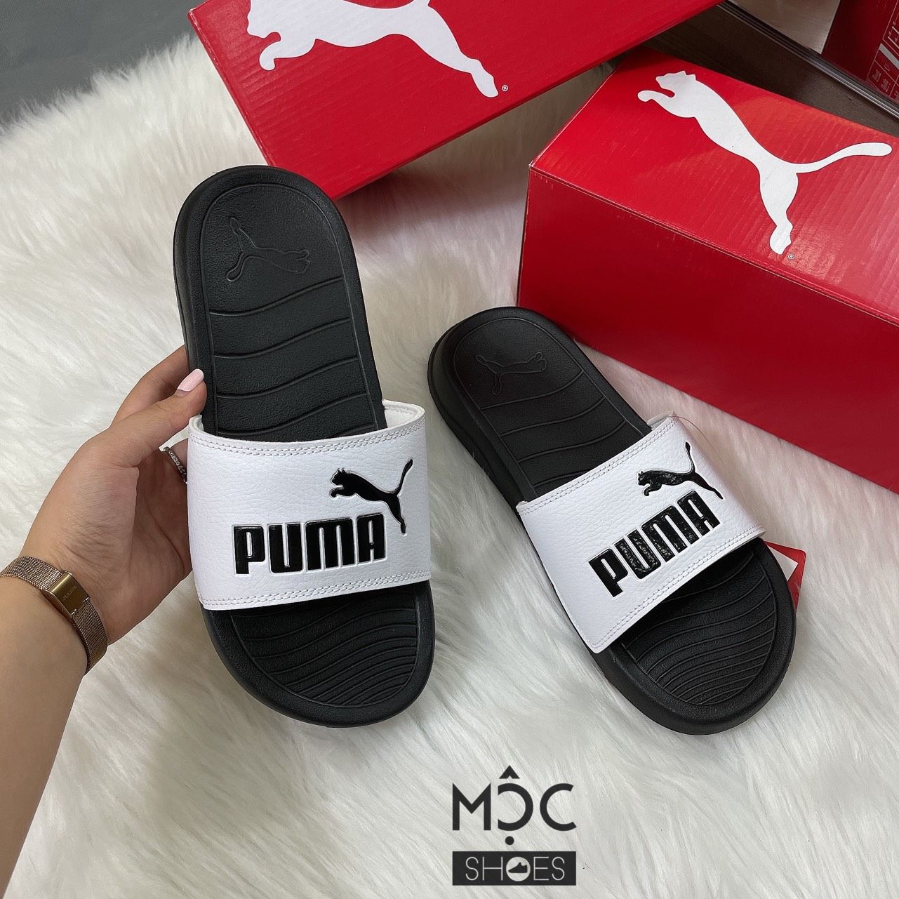  1467 - HÀNG CHÍNH HÃNG - DÉP PUMA POPCAT - *WHITE/ BLACK (ĐEN QUAI TRẮNG)* - CODE:  360265-01 