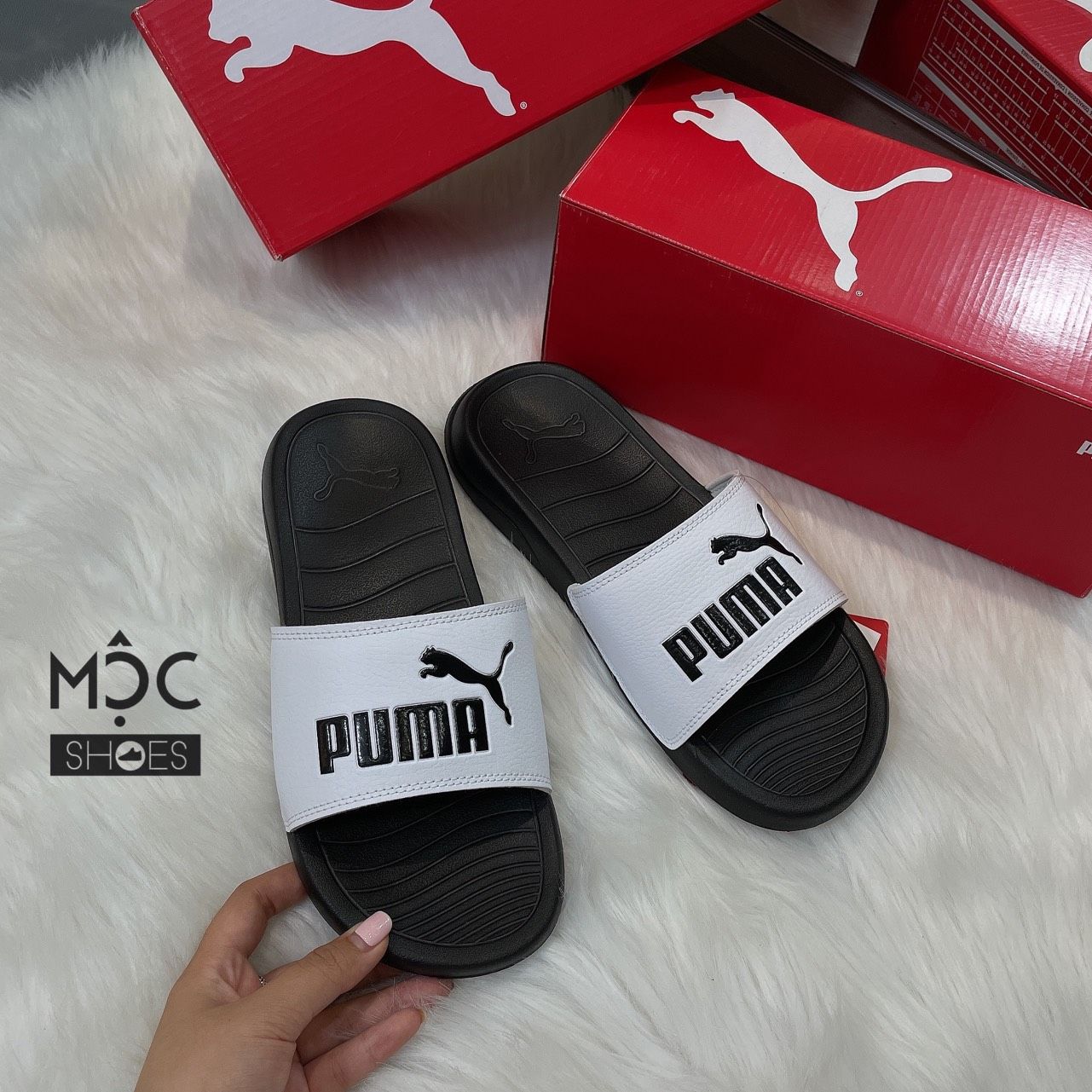  1467 - HÀNG CHÍNH HÃNG - DÉP PUMA POPCAT - *WHITE/ BLACK (ĐEN QUAI TRẮNG)* - CODE:  360265-01 