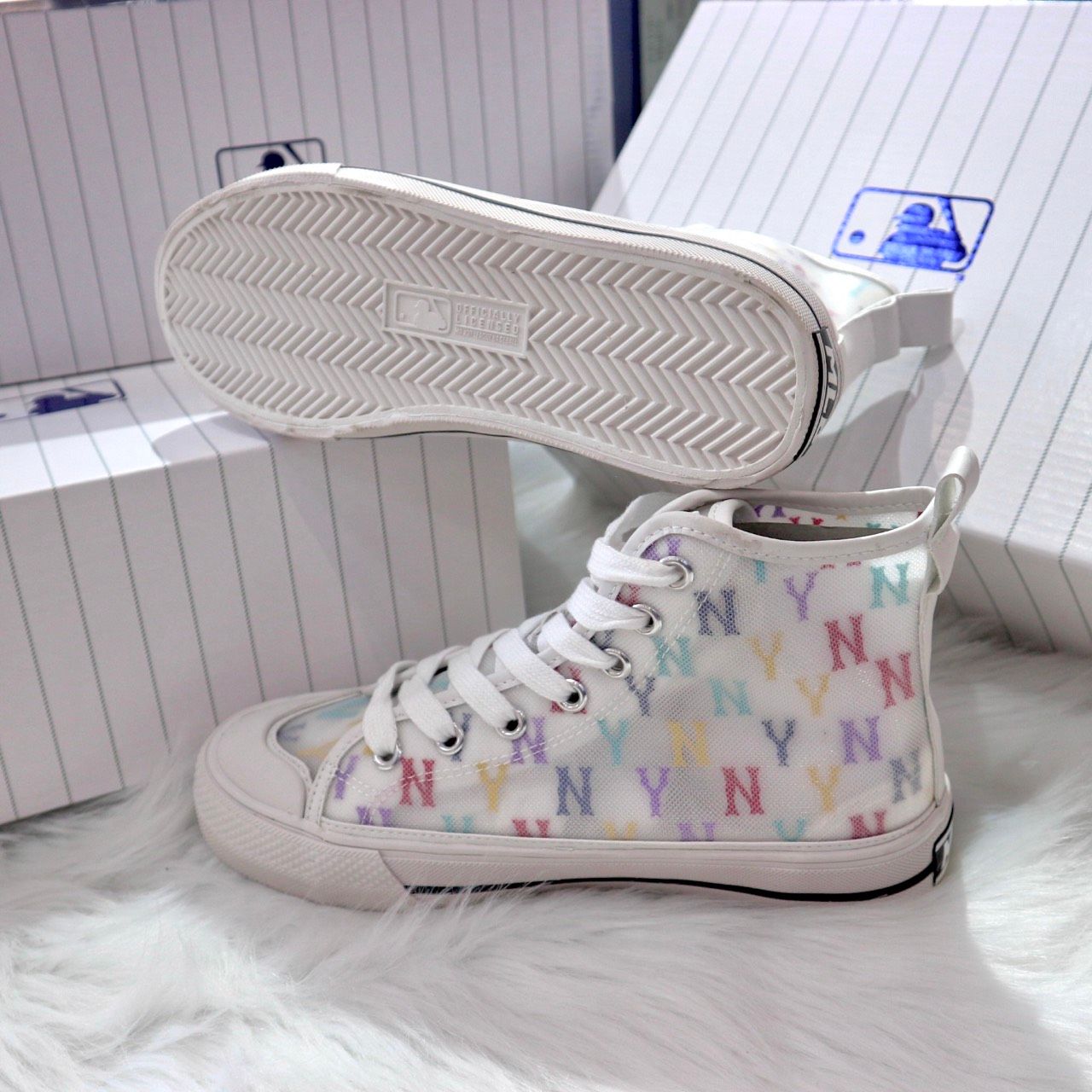 0851 - HÀNG CHÍNH HÃNG - GIÀY MLB PLAYBALL HIGH MONOGRAM MESH MÀU MULTICOLOR - *CREAM/COLOR* - CODE: 3ACVCMM2N-50IVS