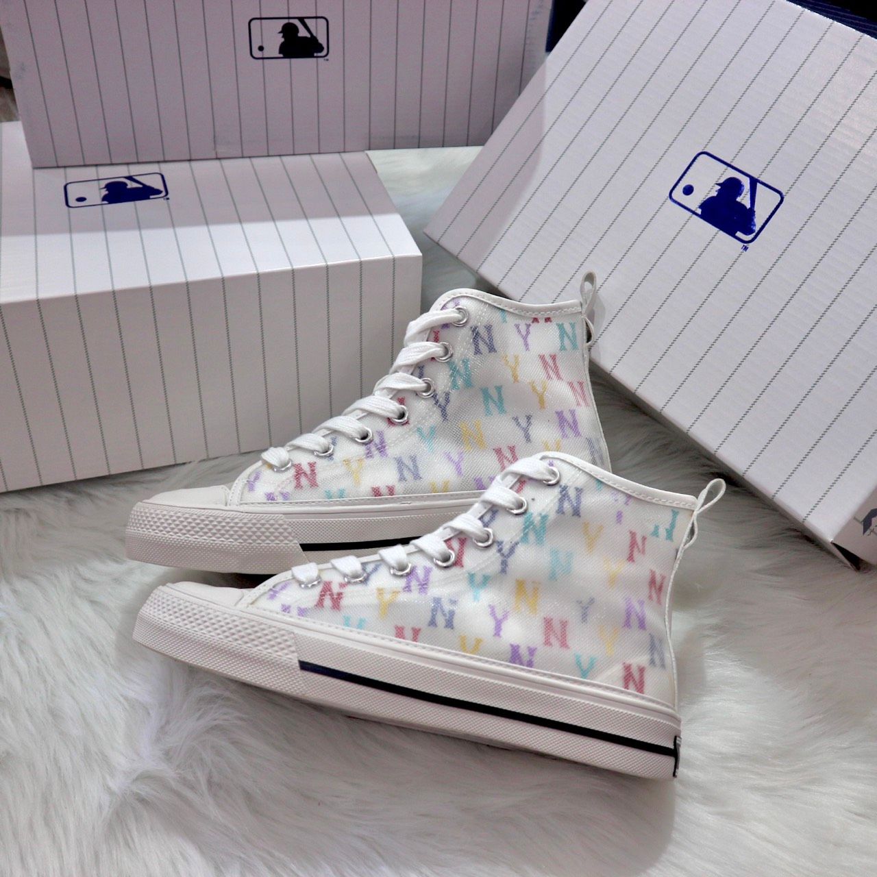 0851 - HÀNG CHÍNH HÃNG - GIÀY MLB PLAYBALL HIGH MONOGRAM MESH MÀU MULTICOLOR - *CREAM/COLOR* - CODE: 3ACVCMM2N-50IVS