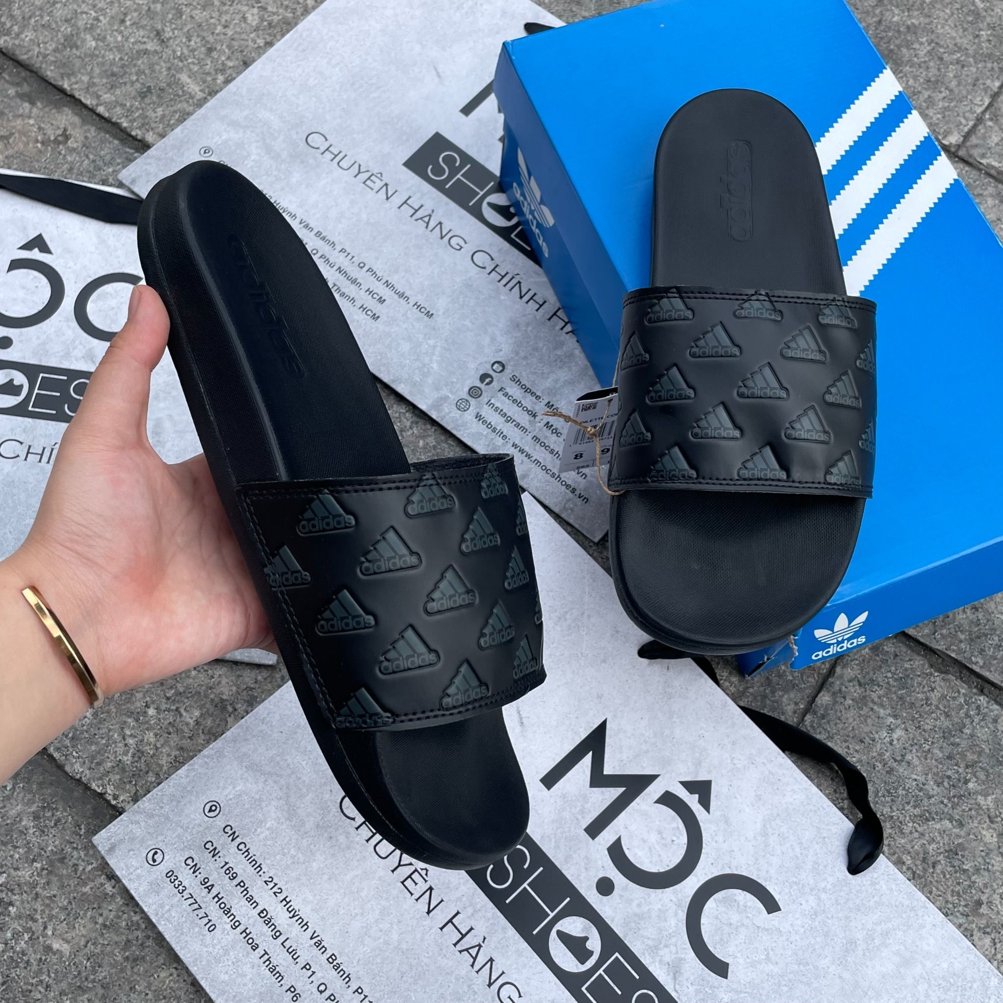 2294 - HÀNG CHÍNH HÃNG - DÉP QUAI NGANG ADIDAS CLOUDFOAM COMFORT MÀU ĐEN FULL - NHIỀU LOGO ĐEN NỔI