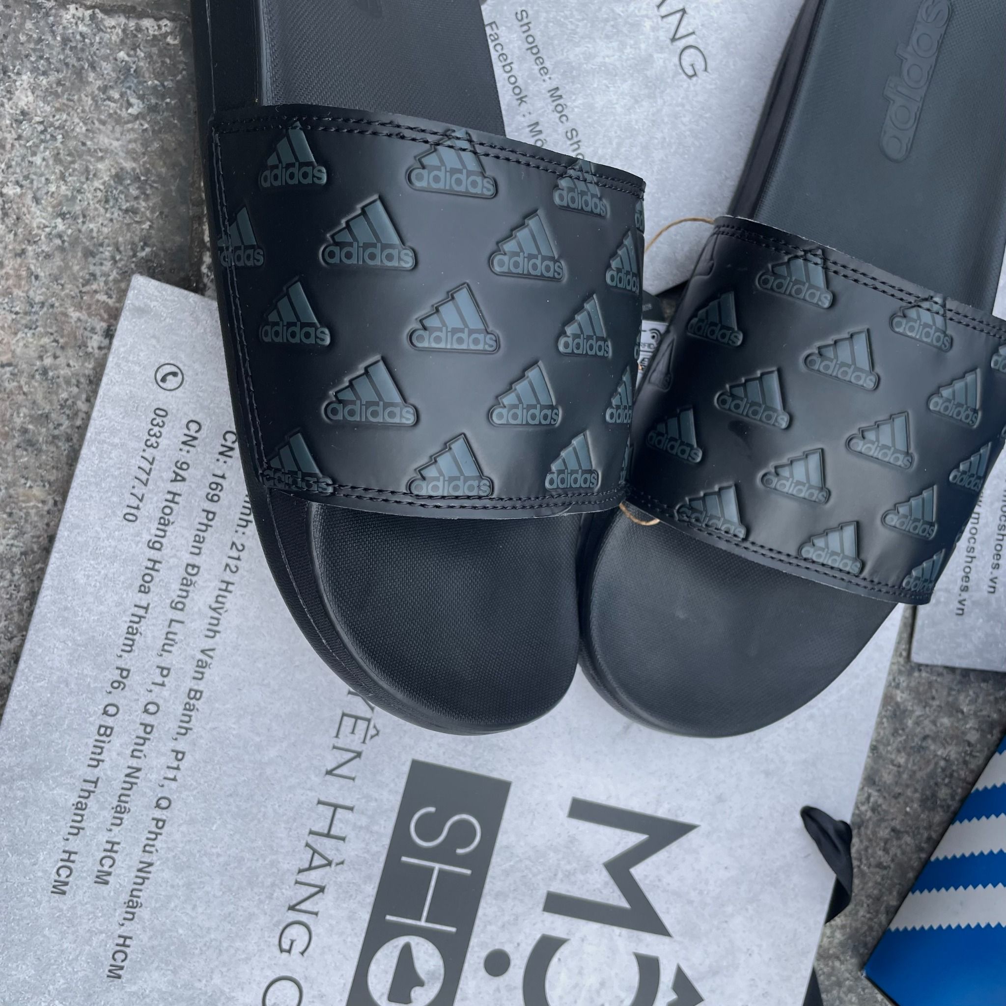 2294 - HÀNG CHÍNH HÃNG - DÉP QUAI NGANG ADIDAS CLOUDFOAM COMFORT MÀU ĐEN FULL - NHIỀU LOGO ĐEN NỔI
