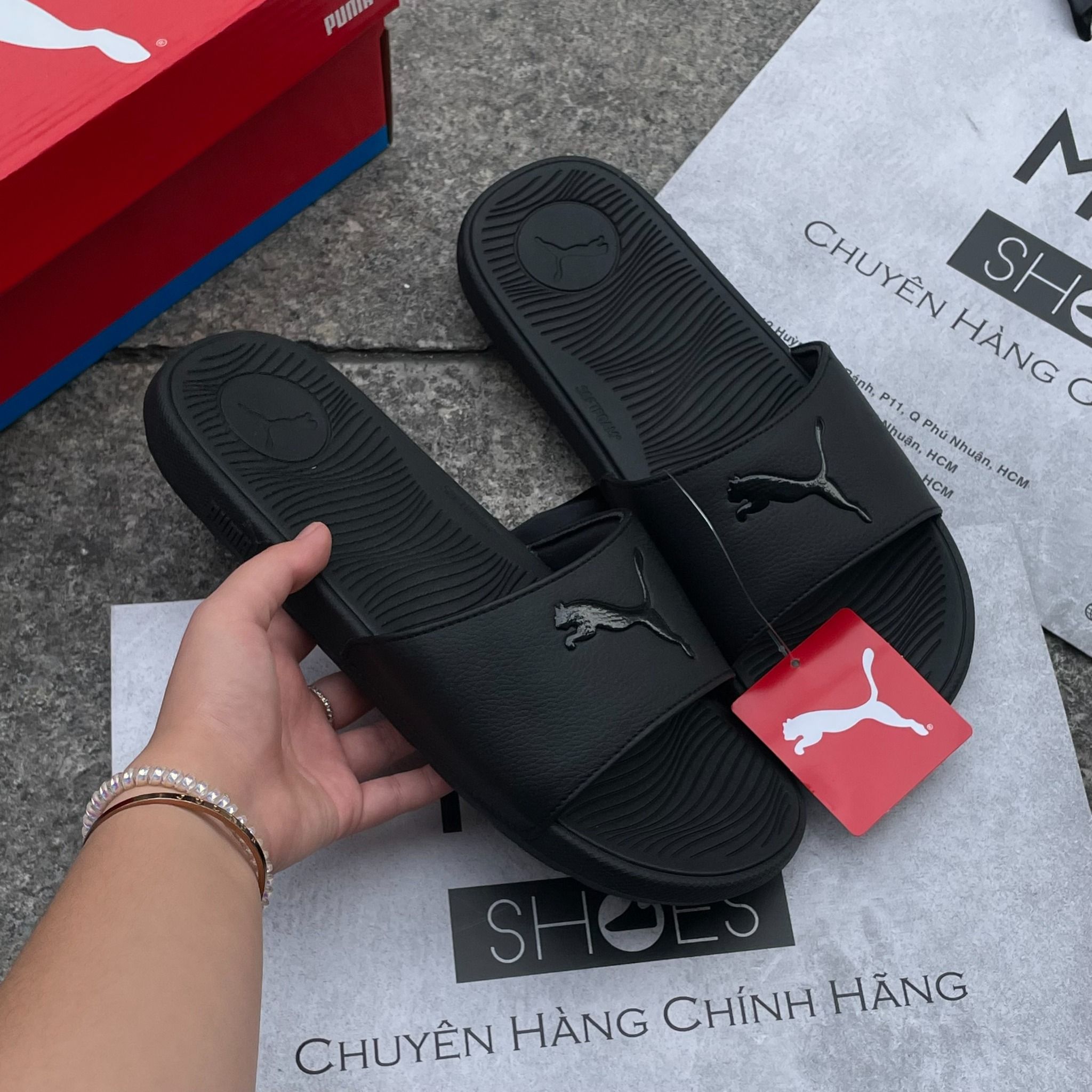 2313 - HÀNG CHÍNH HÃNG - DÉP PUMA COOL CAT 2.0 - ĐEN FULL - LOGO BÓNG