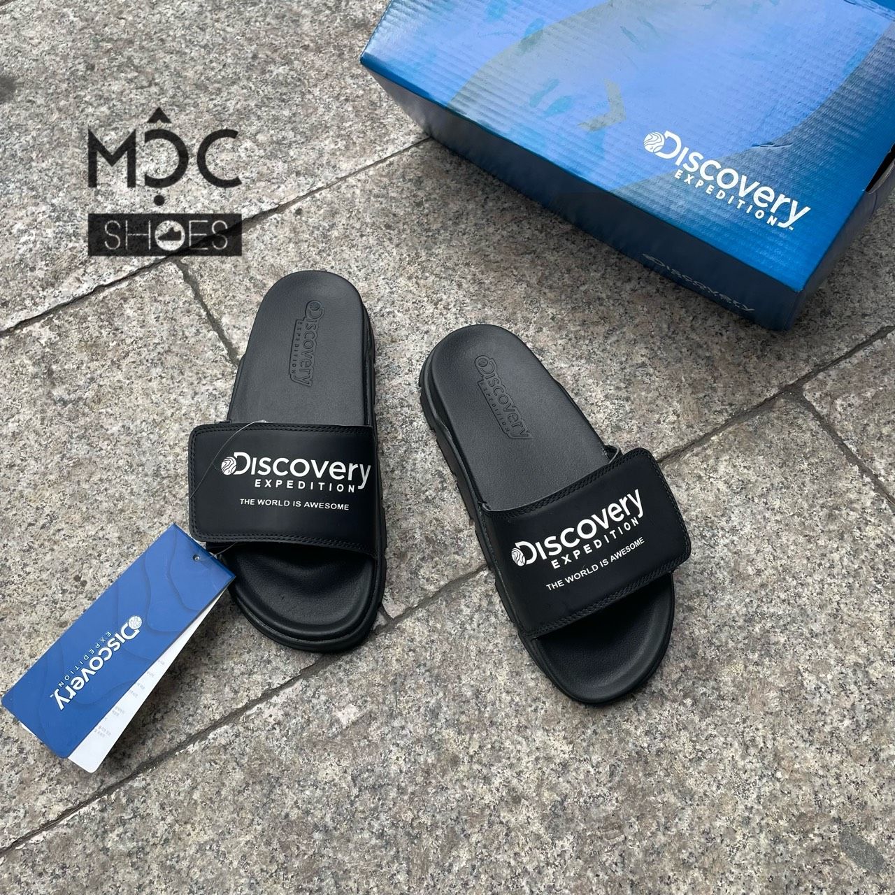 0989 - HÀNG CHÍNH HÃNG - DÉP DISCOVERY BRICK SLIDE Quai Dán - MÀU *ĐEN LOGO TRẮNG * - CODE: DXLP4103N-BKL