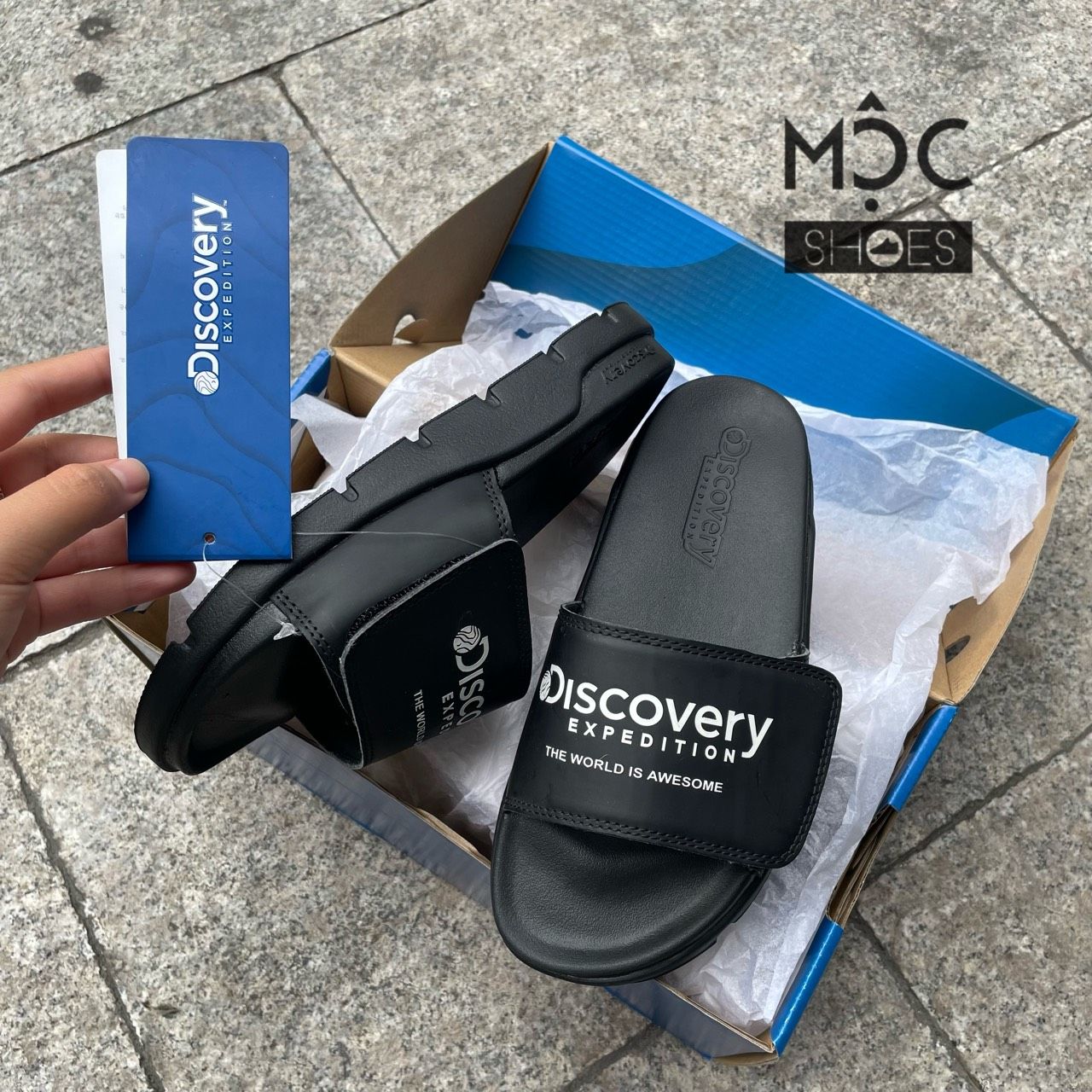0989 - HÀNG CHÍNH HÃNG - DÉP DISCOVERY BRICK SLIDE Quai Dán - MÀU *ĐEN LOGO TRẮNG * - CODE: DXLP4103N-BKL