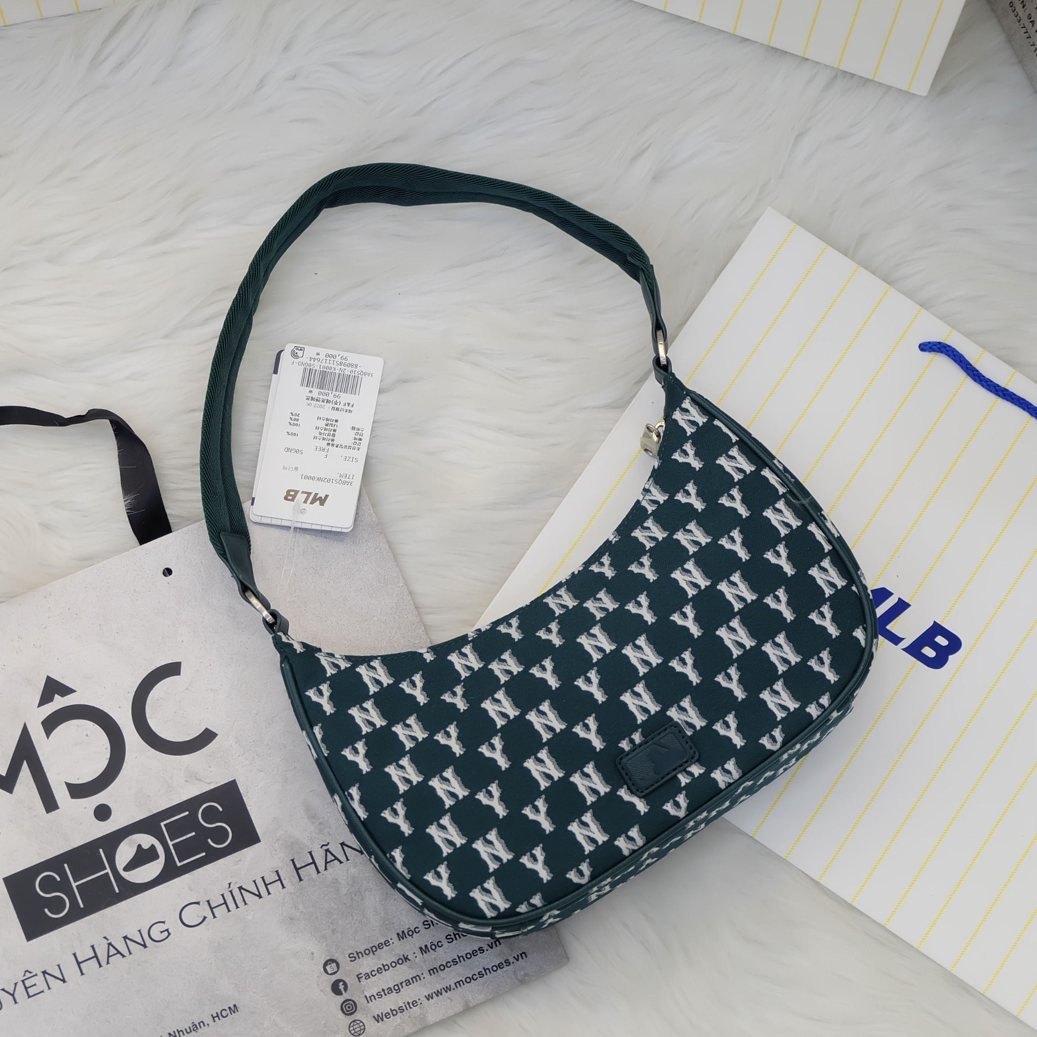 2393 - HÀNG CHÍNH HÃNG - Túi MLB Classic Monogram Jacquard Hobo Bag New York Yankees - Green - Code: 3ABQS102N-50GND