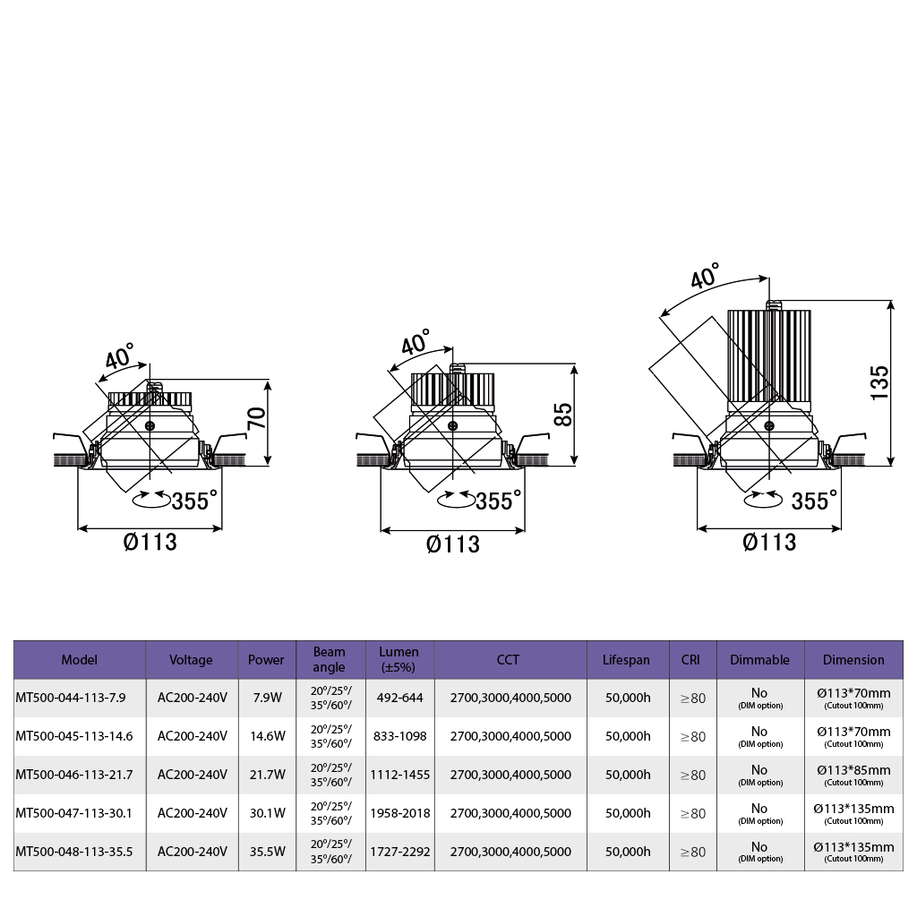 Đèn DOWNLIGHT MT500 - 44 - 48 - Ф100 - W