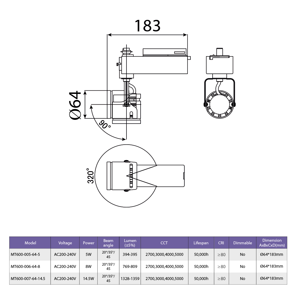 Đèn TRACKLIGHT MT600 - 006 - Ф85 - W/B