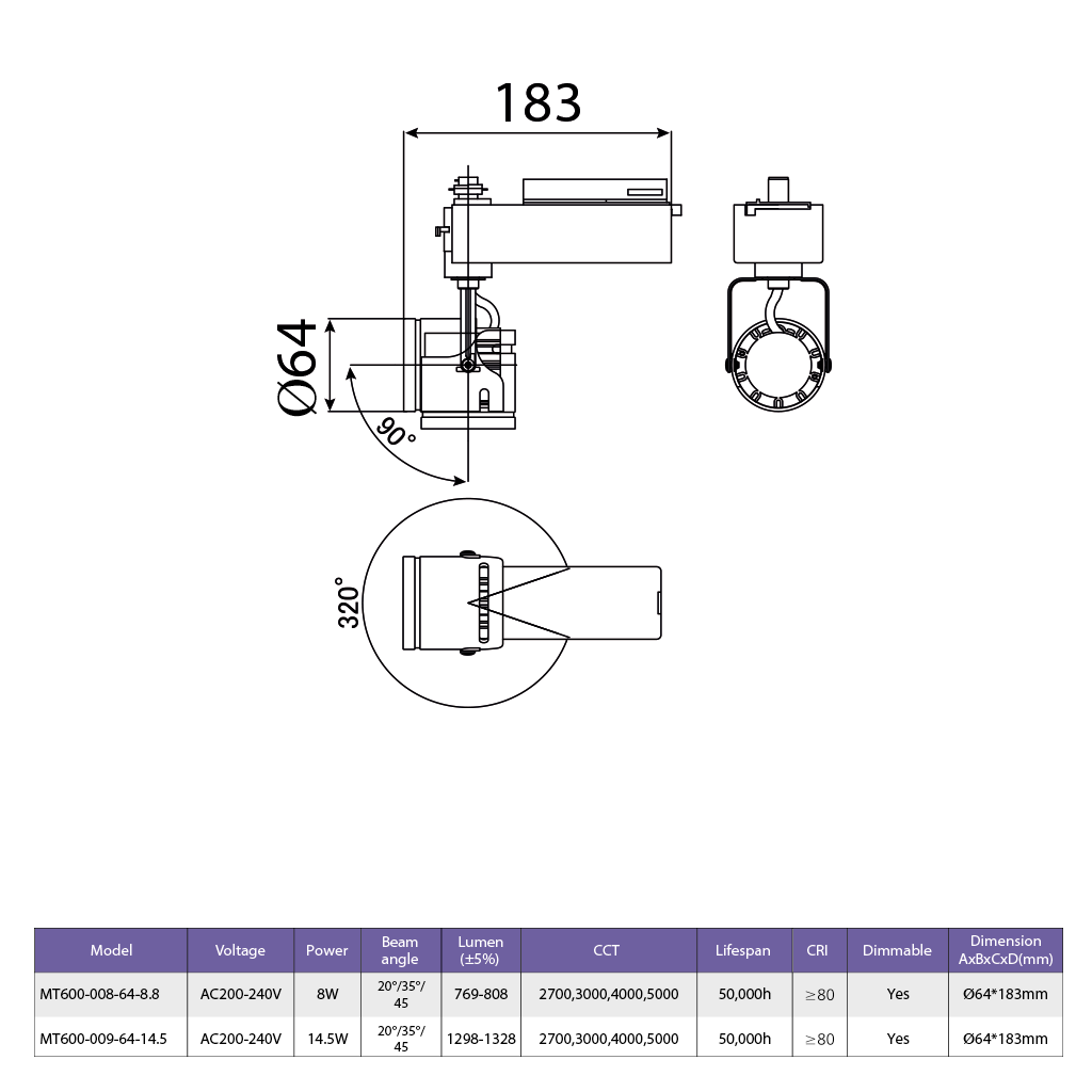 Đèn TRACKLIGHT MT600 - 009 - Ф85 - W/B - DIM