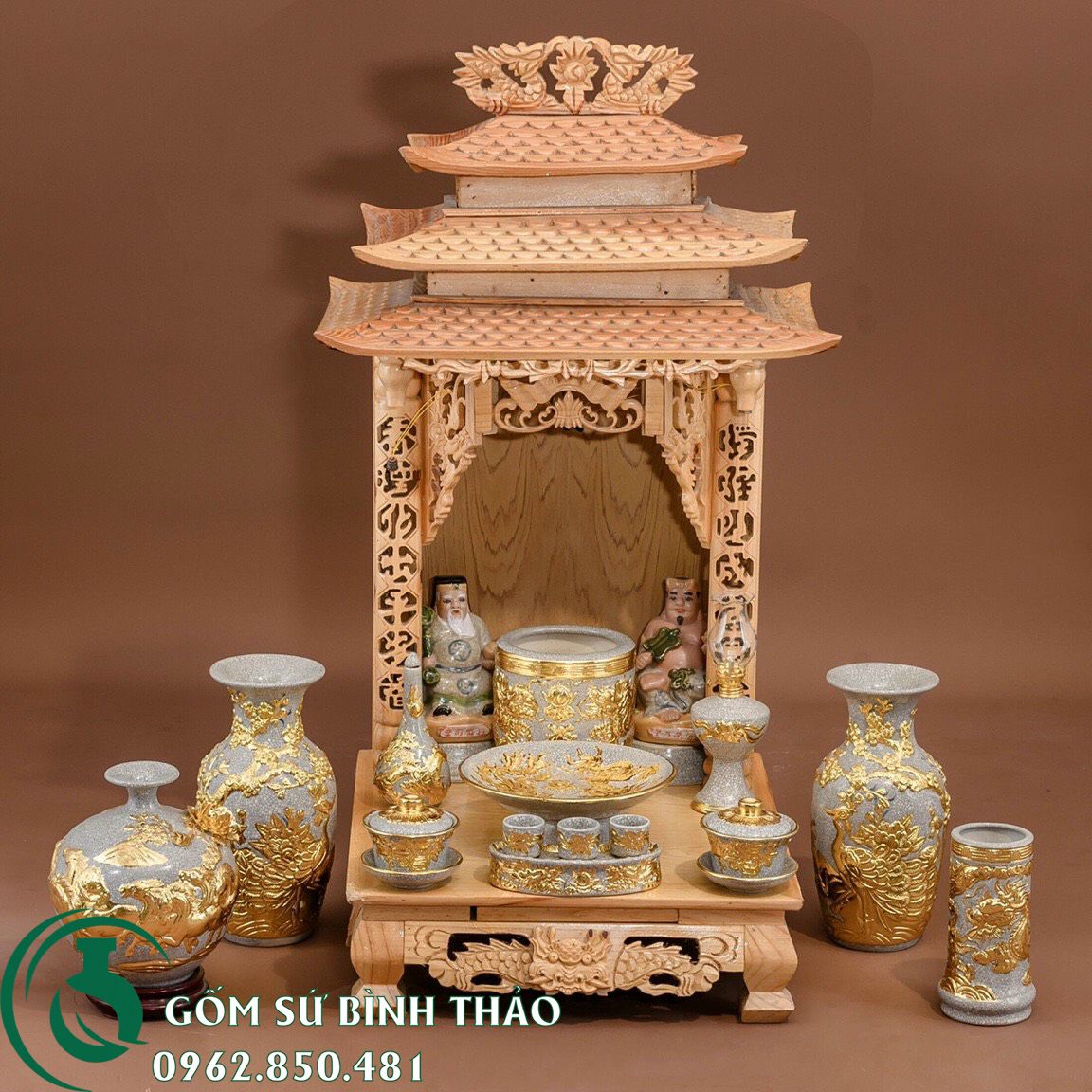 Ban đồ thờ thần tài men rạn nổi dát vàng gốm sứ Bát Tràng