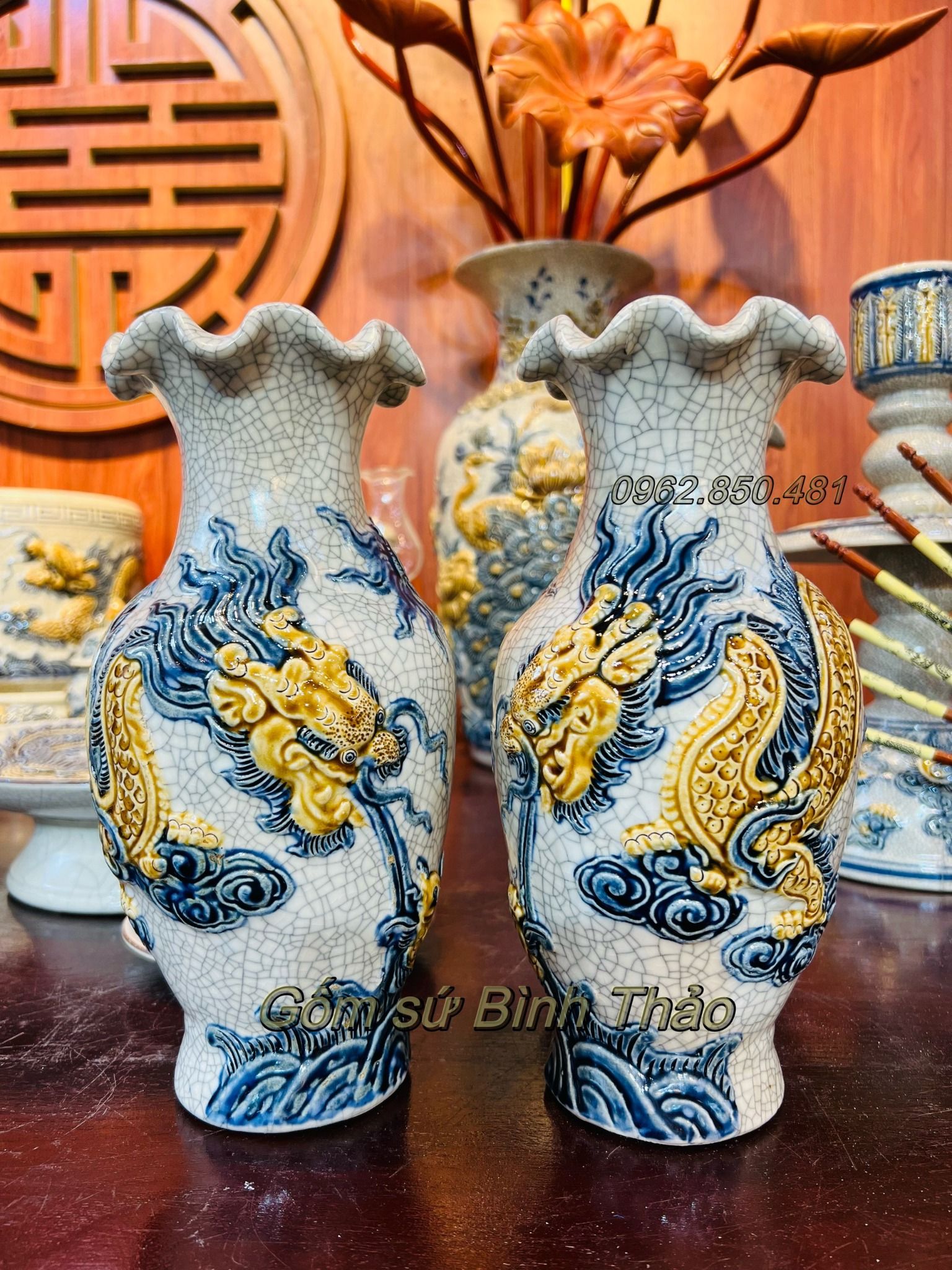 Lọ lượn Rồng Men rạn Đắp nổi PA