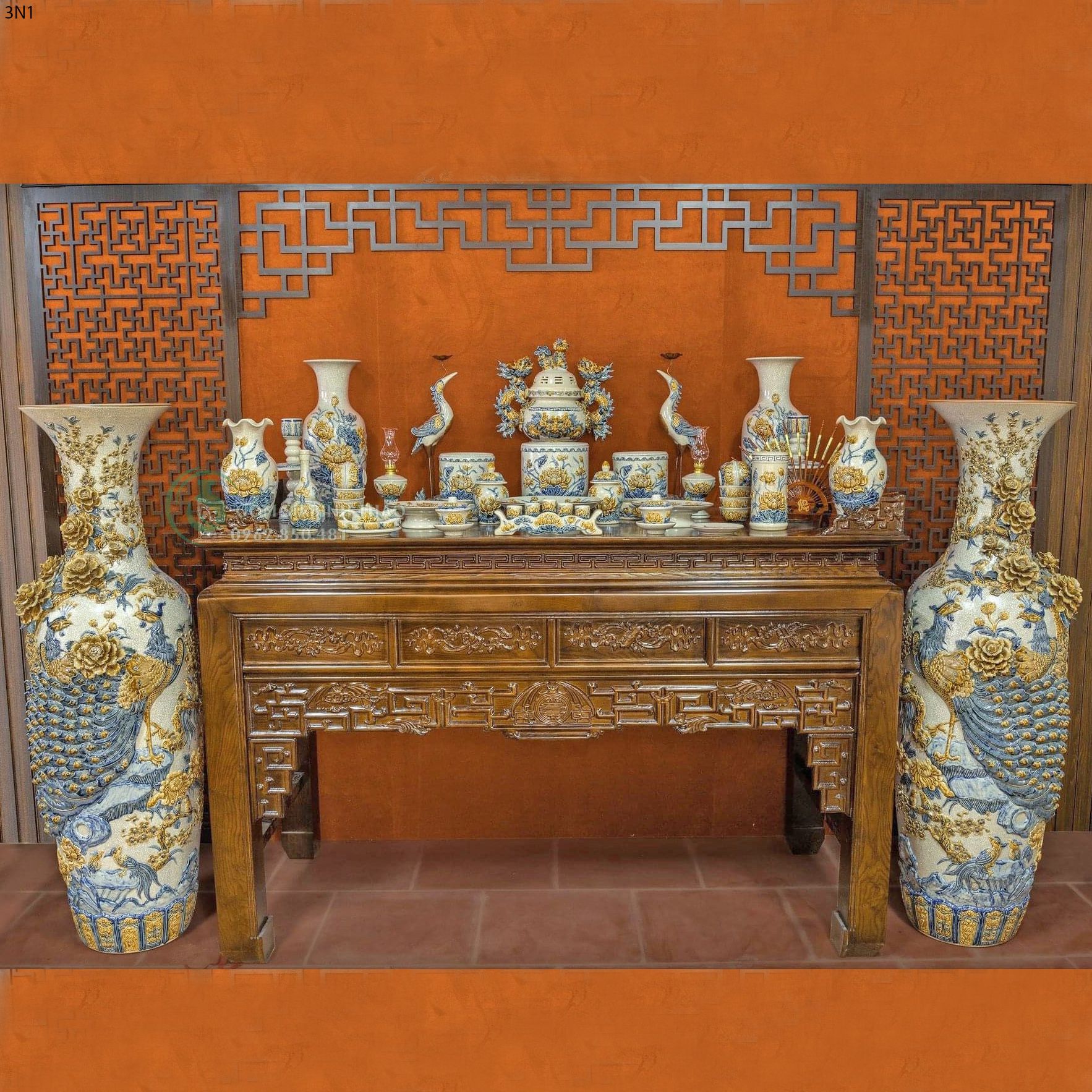 Bộ bát hương thờ gia tiên ban thờ 2m17 3N1