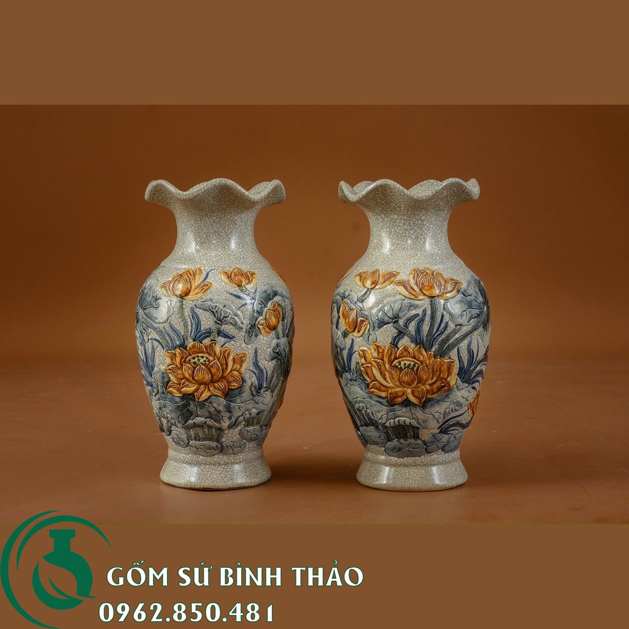 Đồ thờ Gốm sứ Men Rạn cổ Bát Tràng họa tiết sen