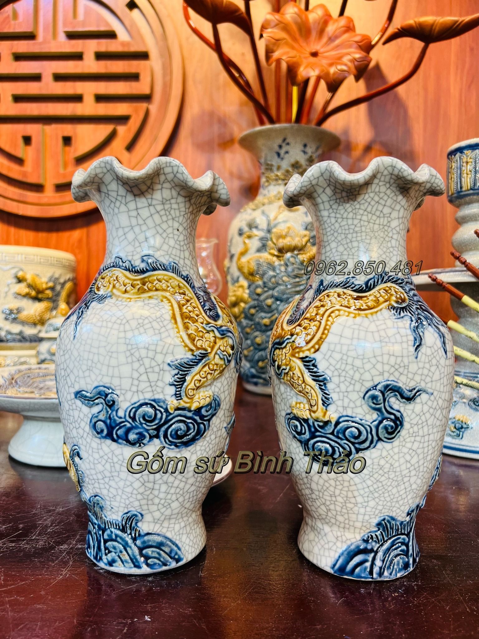 Lọ lượn Rồng Men rạn Đắp nổi PA