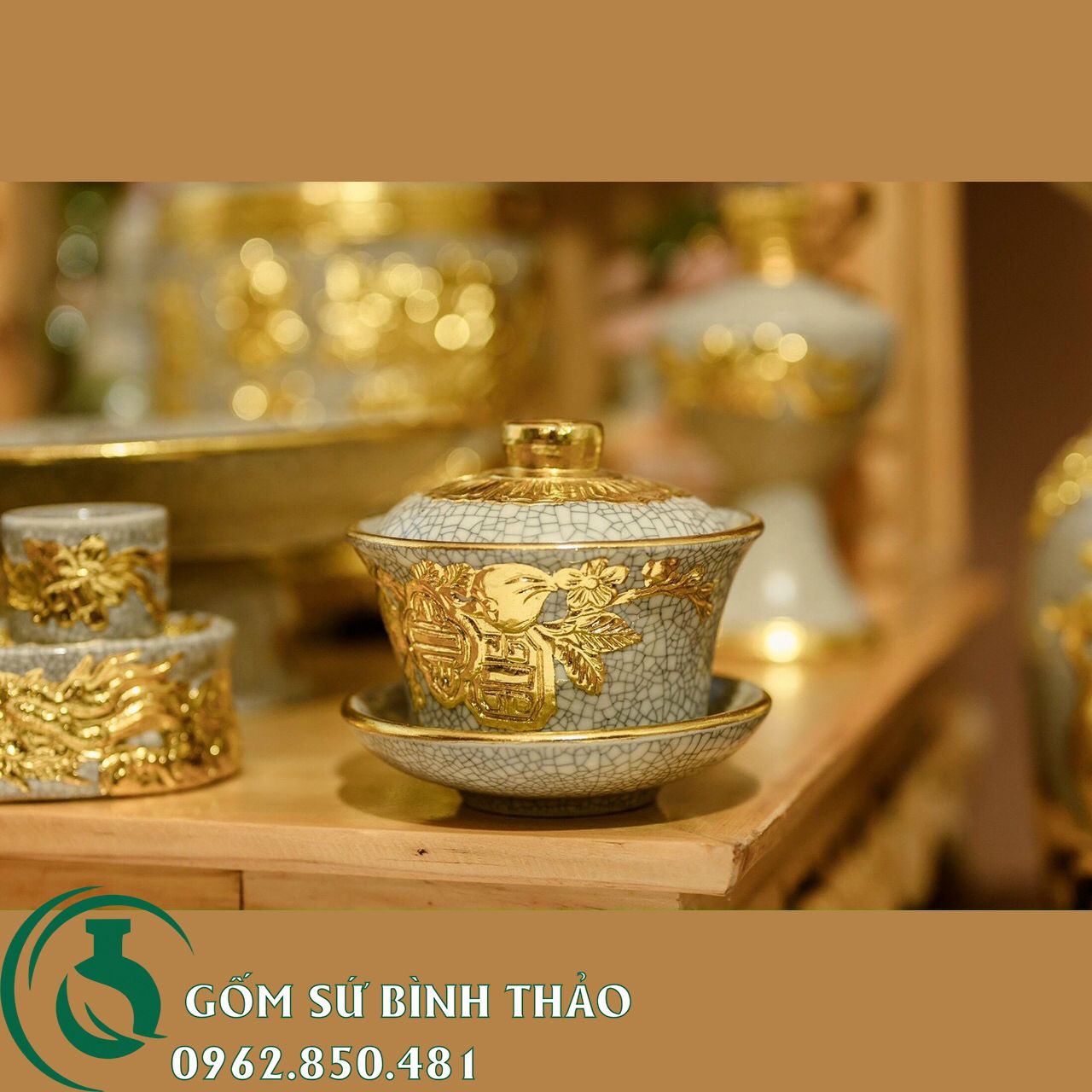 Ban đồ thờ thần tài men rạn nổi dát vàng gốm sứ Bát Tràng
