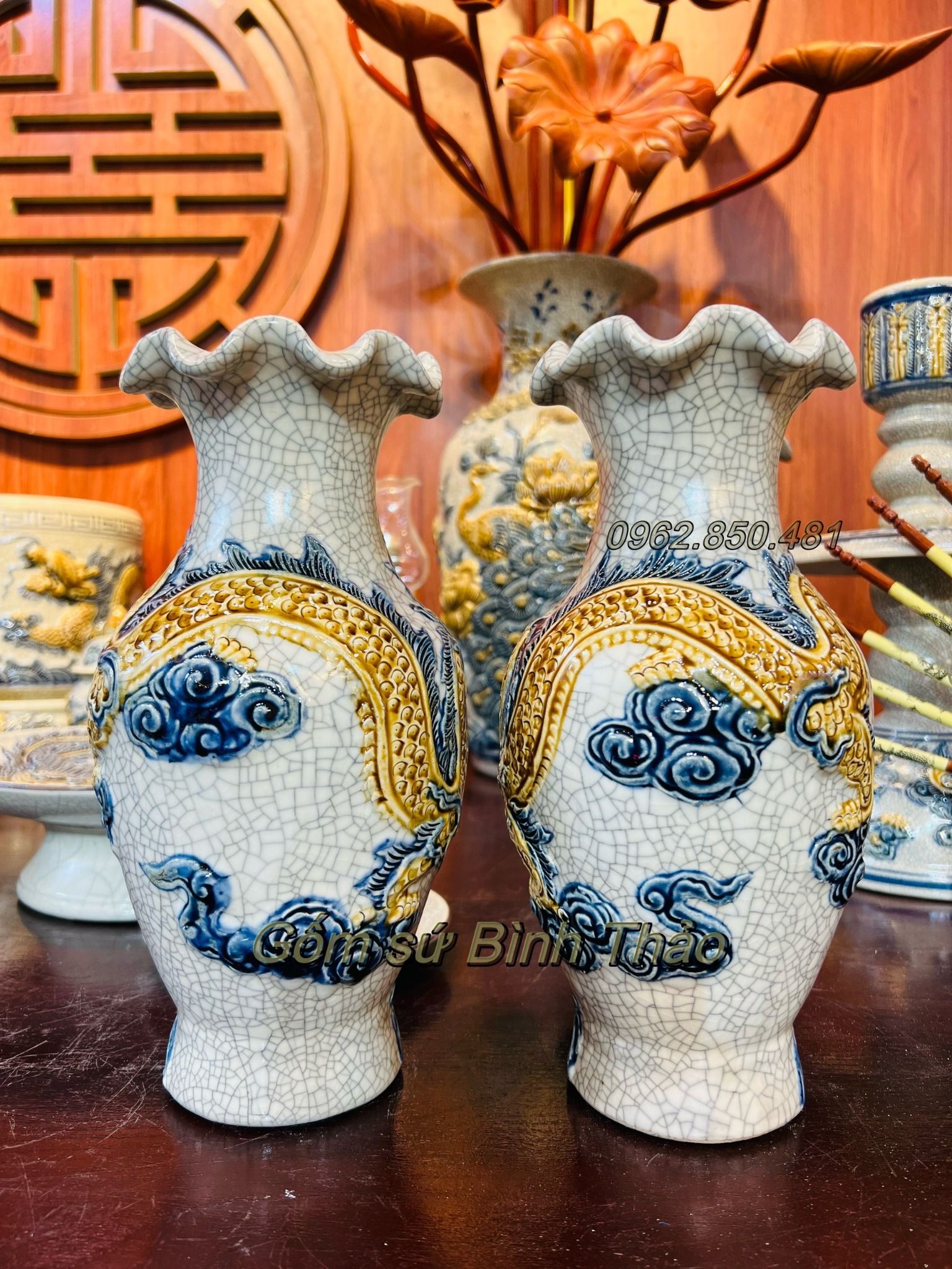 Lọ lượn Rồng Men rạn Đắp nổi PA