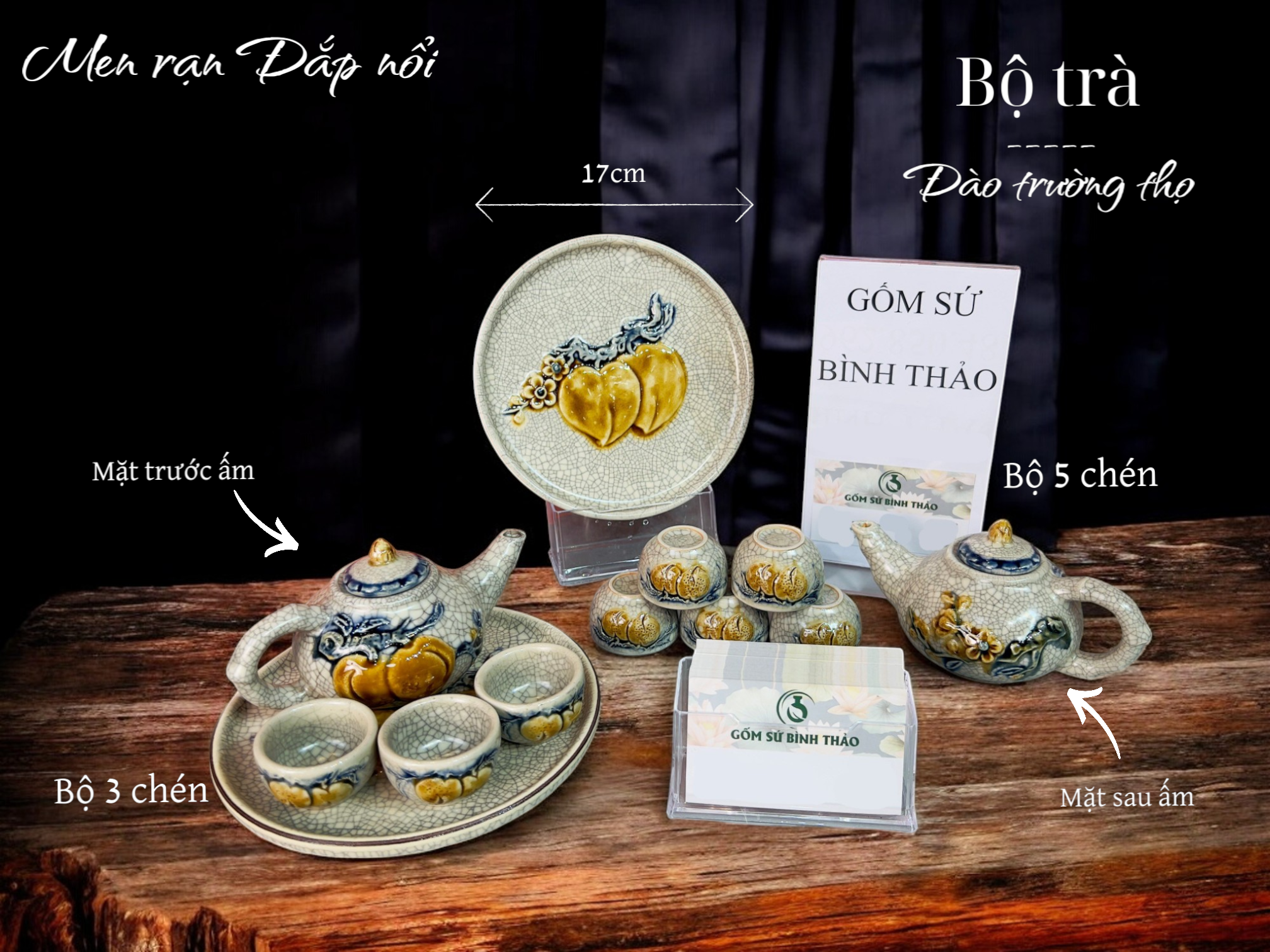 Bộ ấm chén, bộ trà thờ Men rạn Đắp nổi