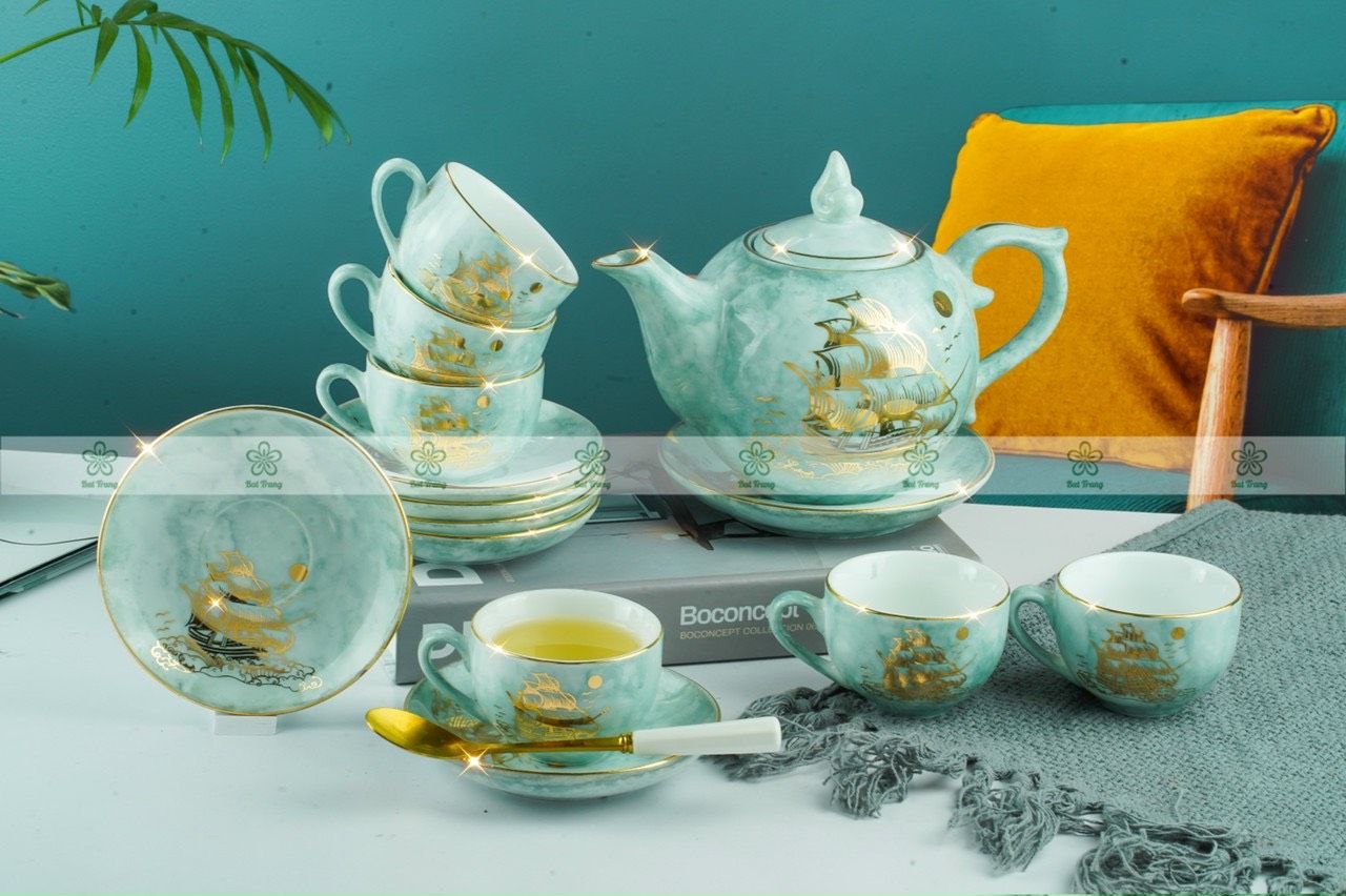 Ấm chén Vân đá Vẽ Vàng - Họa tiết Thuận buồm Xuôi gió