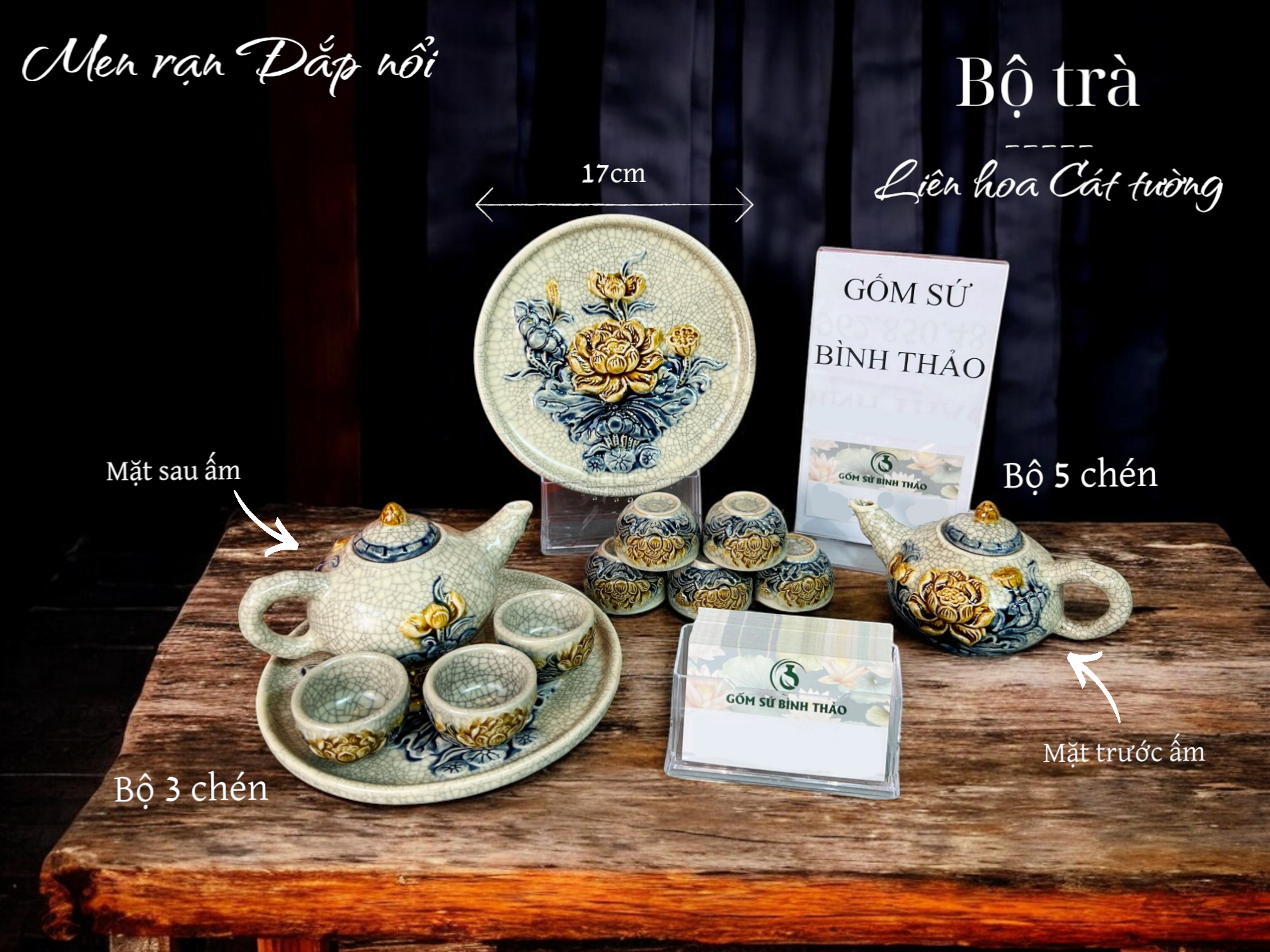 Bộ ấm chén, bộ trà thờ Men rạn Đắp nổi