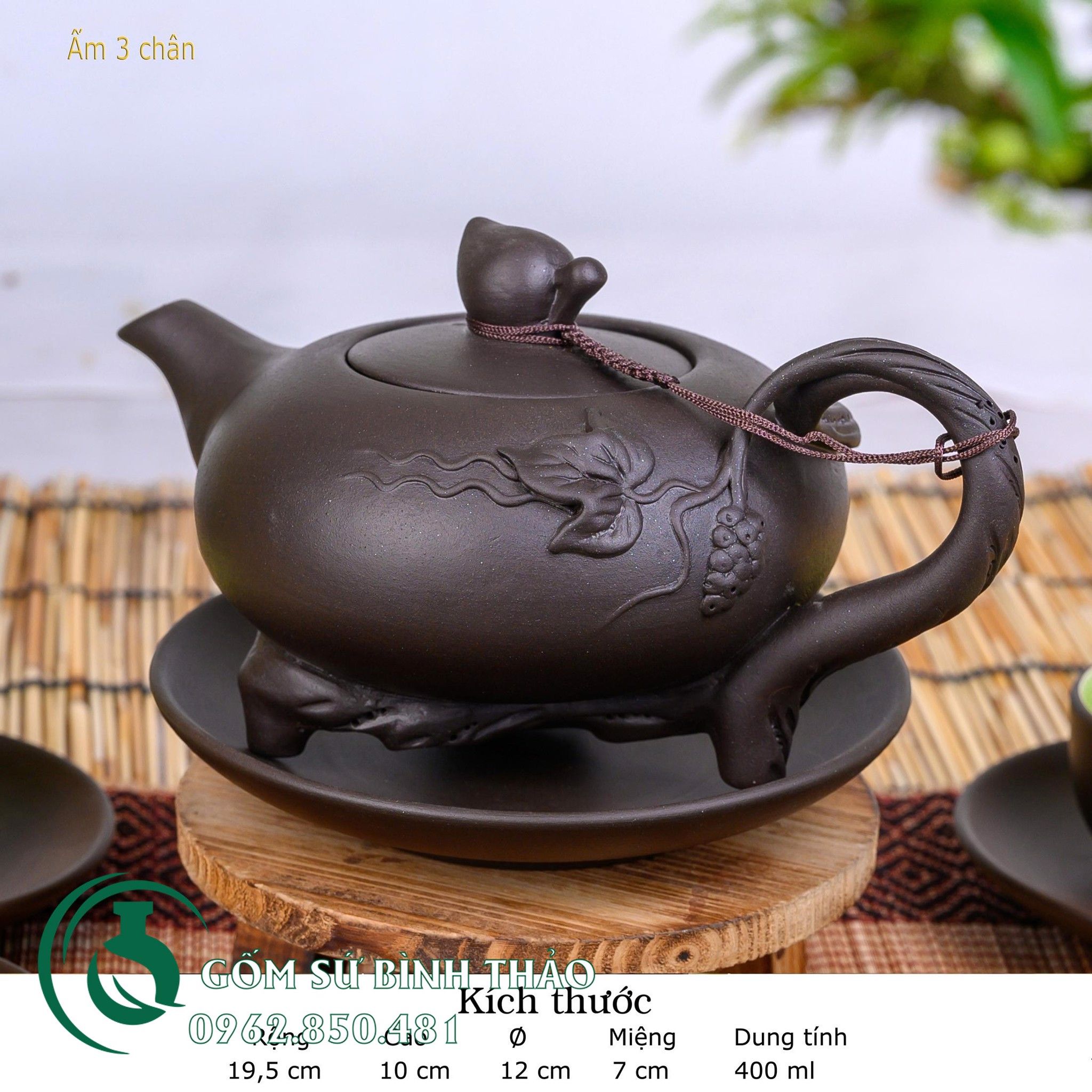 Bộ ấm trà ba chân tử sa Bát Tràng