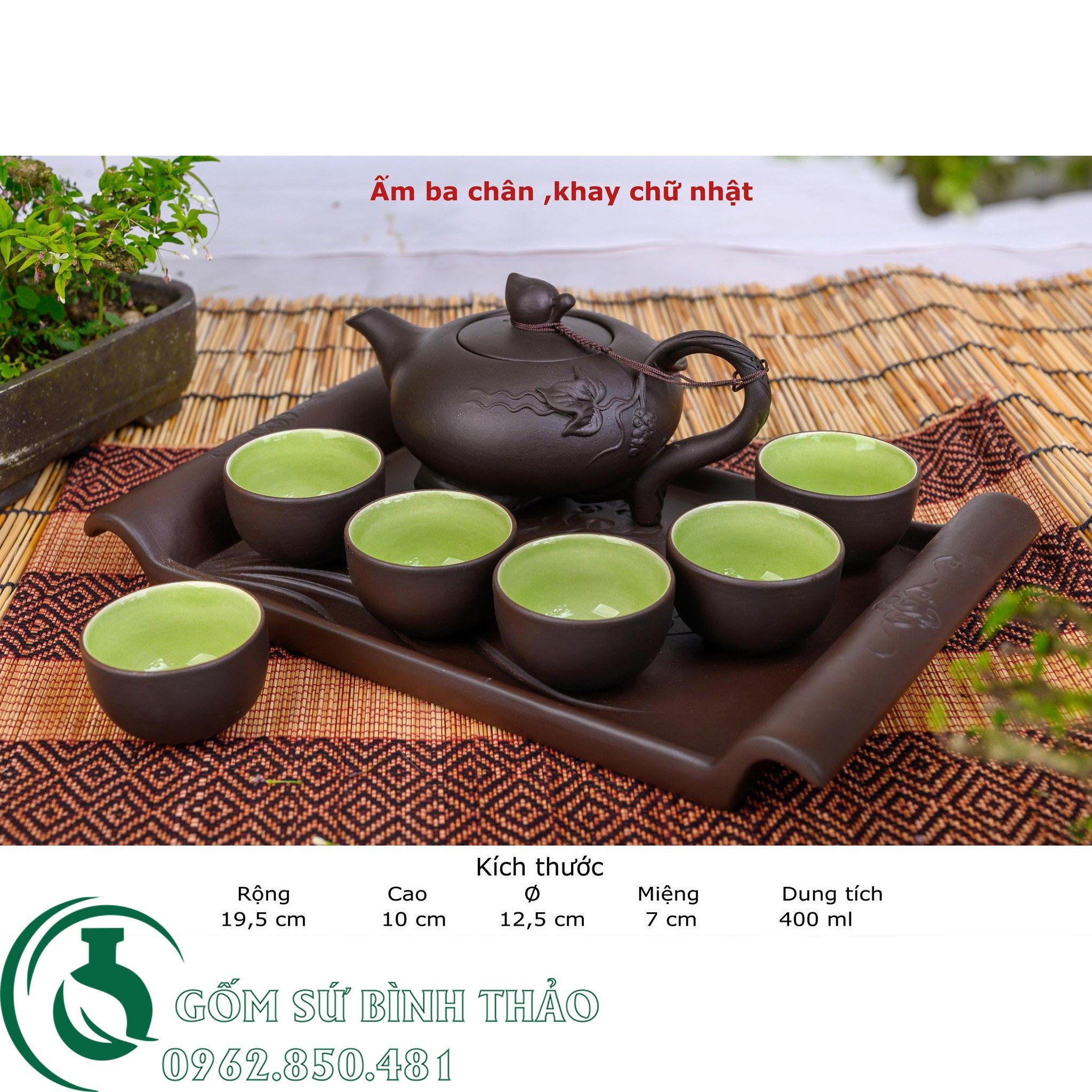 Bộ ấm trà ba chân tử sa Bát Tràng