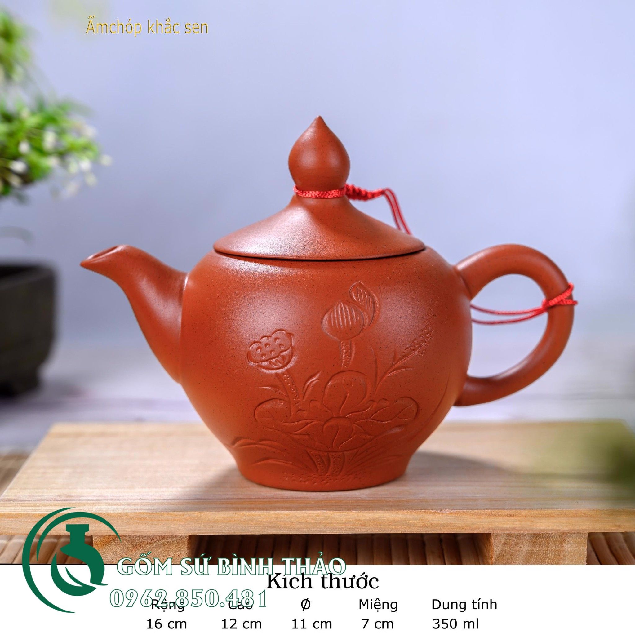 Bộ ấm trà chóp khắc sen tử sa Bát Tràng