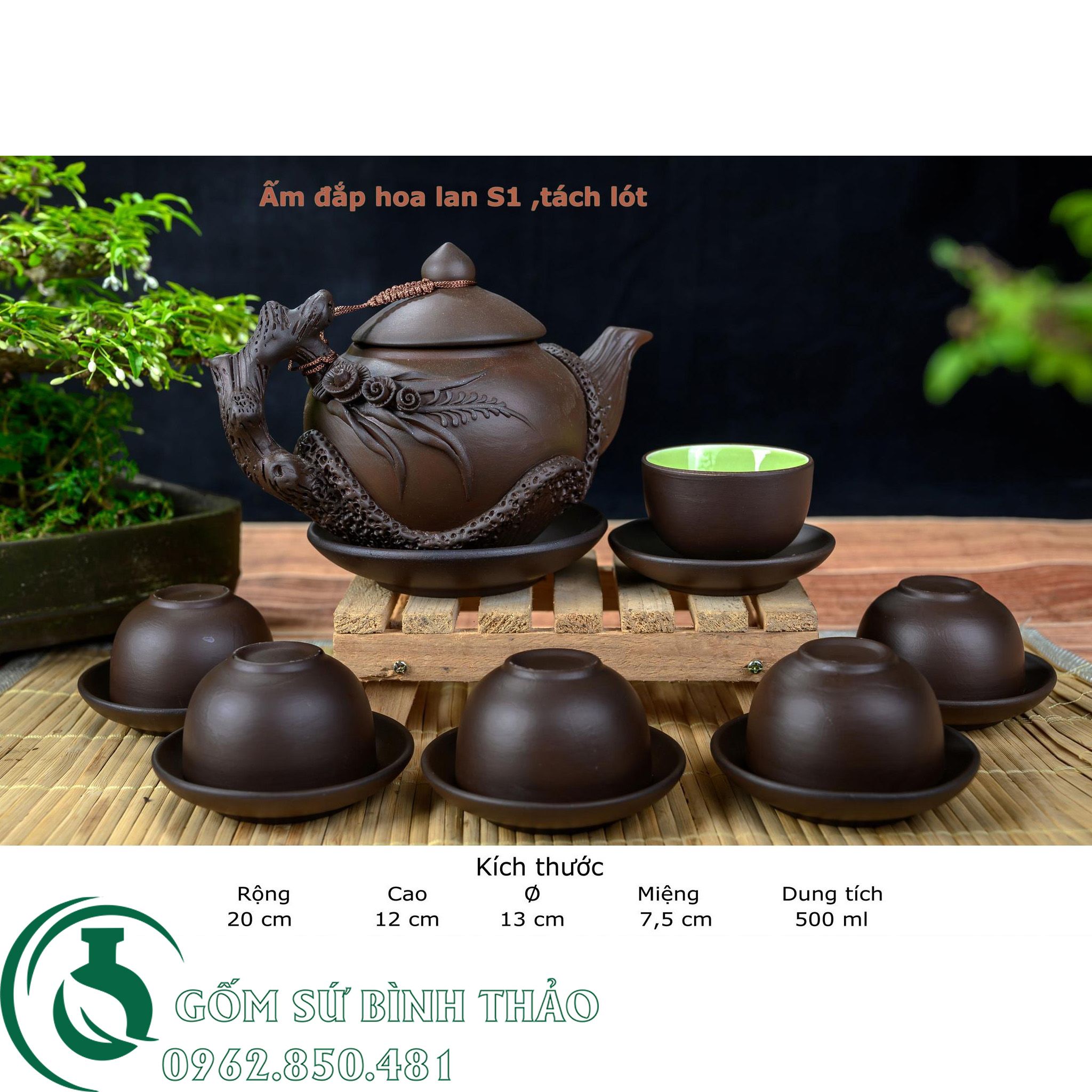 Bộ ấm trà đắp hoa lan tử sa Bát Tràng