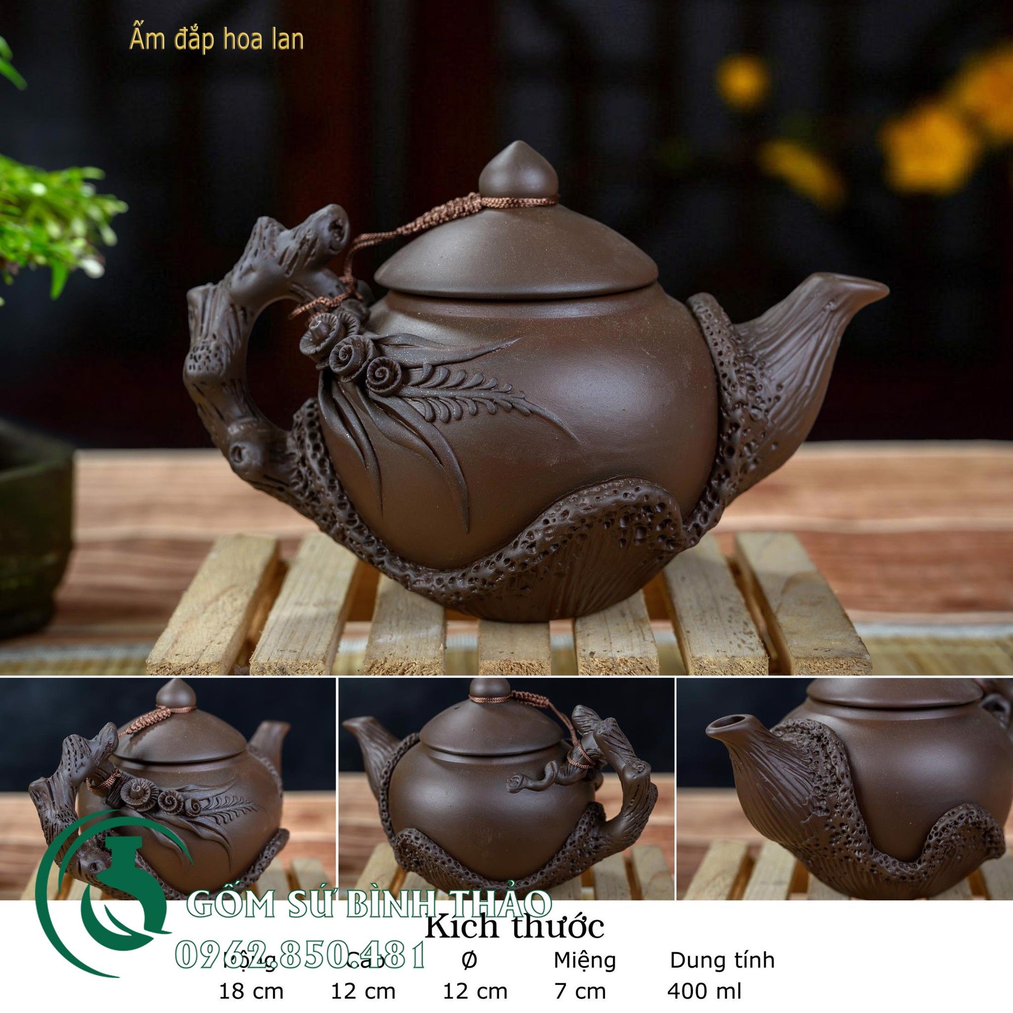 Bộ ấm trà đắp hoa lan tử sa Bát Tràng
