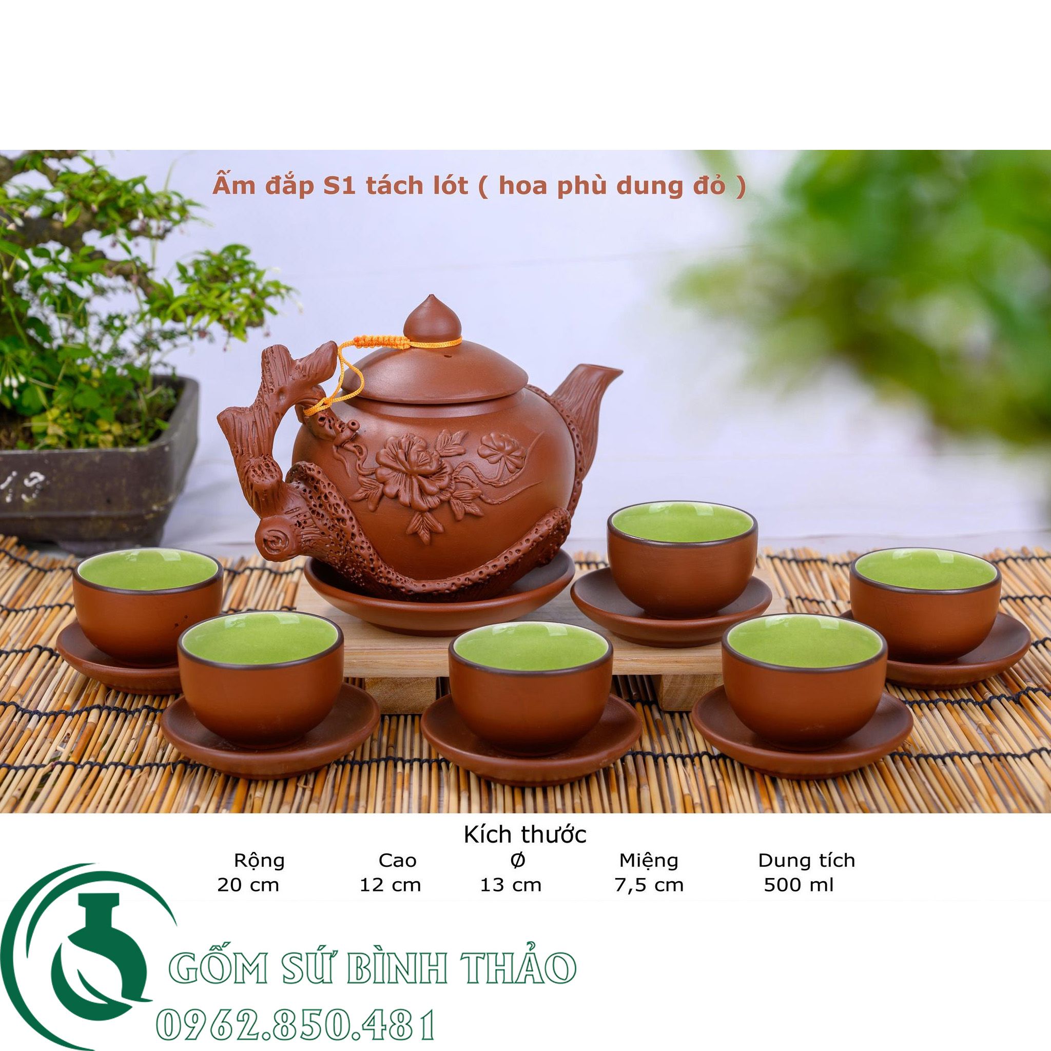 Bộ ấm trà đắp phù dung tử sa Bát Tràng