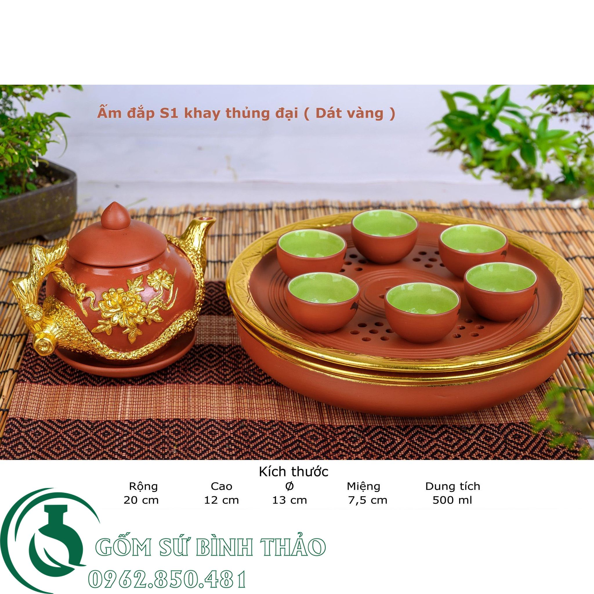 Bộ ấm trà hoa phù dung dát vàng 18k tử sa Bát Tràng