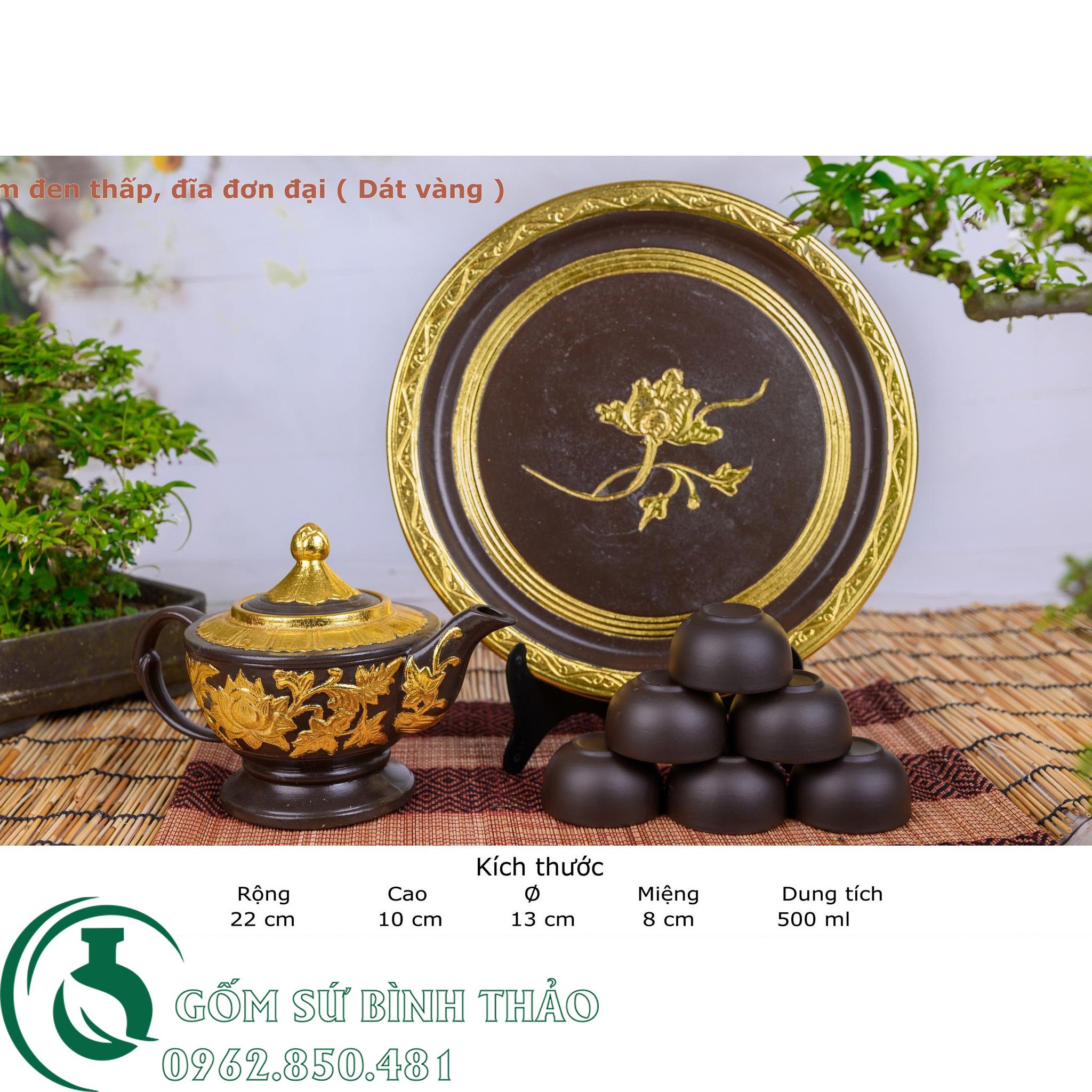 Bộ ấm trà đèn dát vàng 18k tử sa Bát Tràng