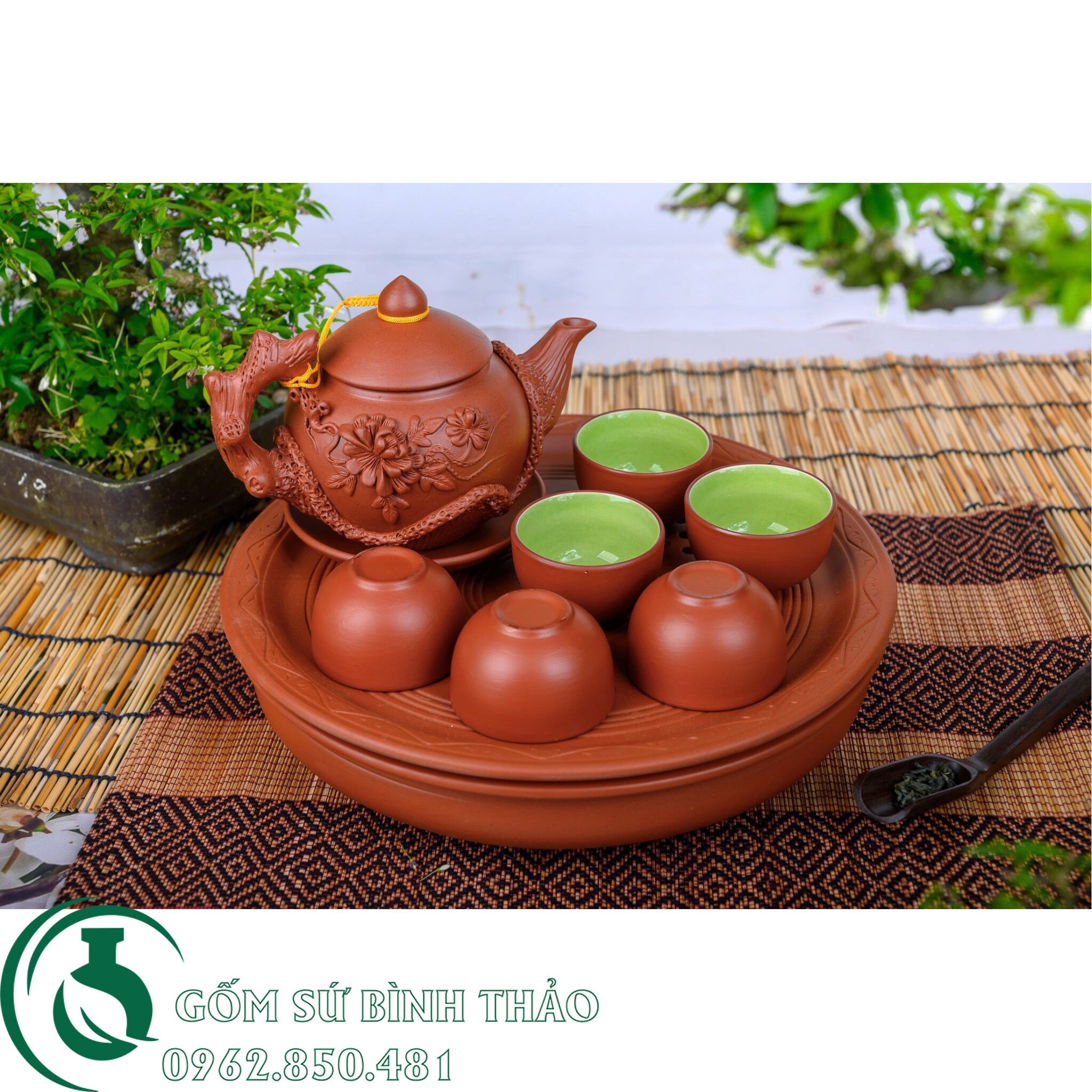 Bộ ấm trà đắp phù dung tử sa Bát Tràng