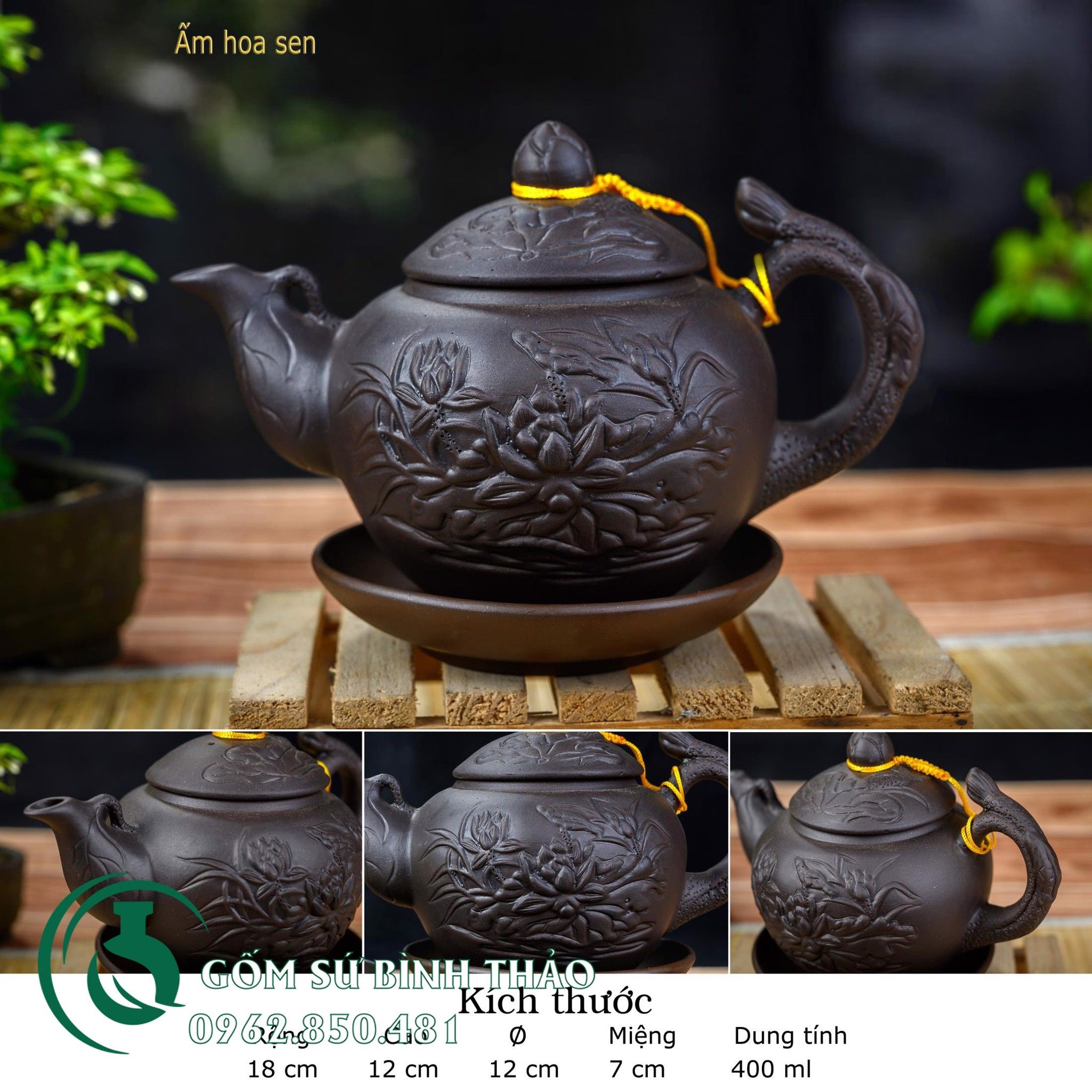 Bộ ấm trà khắc sen tử sa Bát Tràng