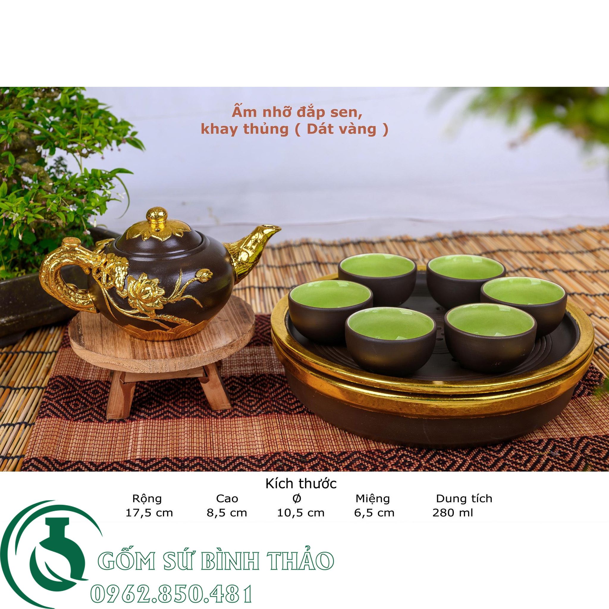 Bộ ấm trà nhỡ dát vàng 18k tử sa Bát Tràng