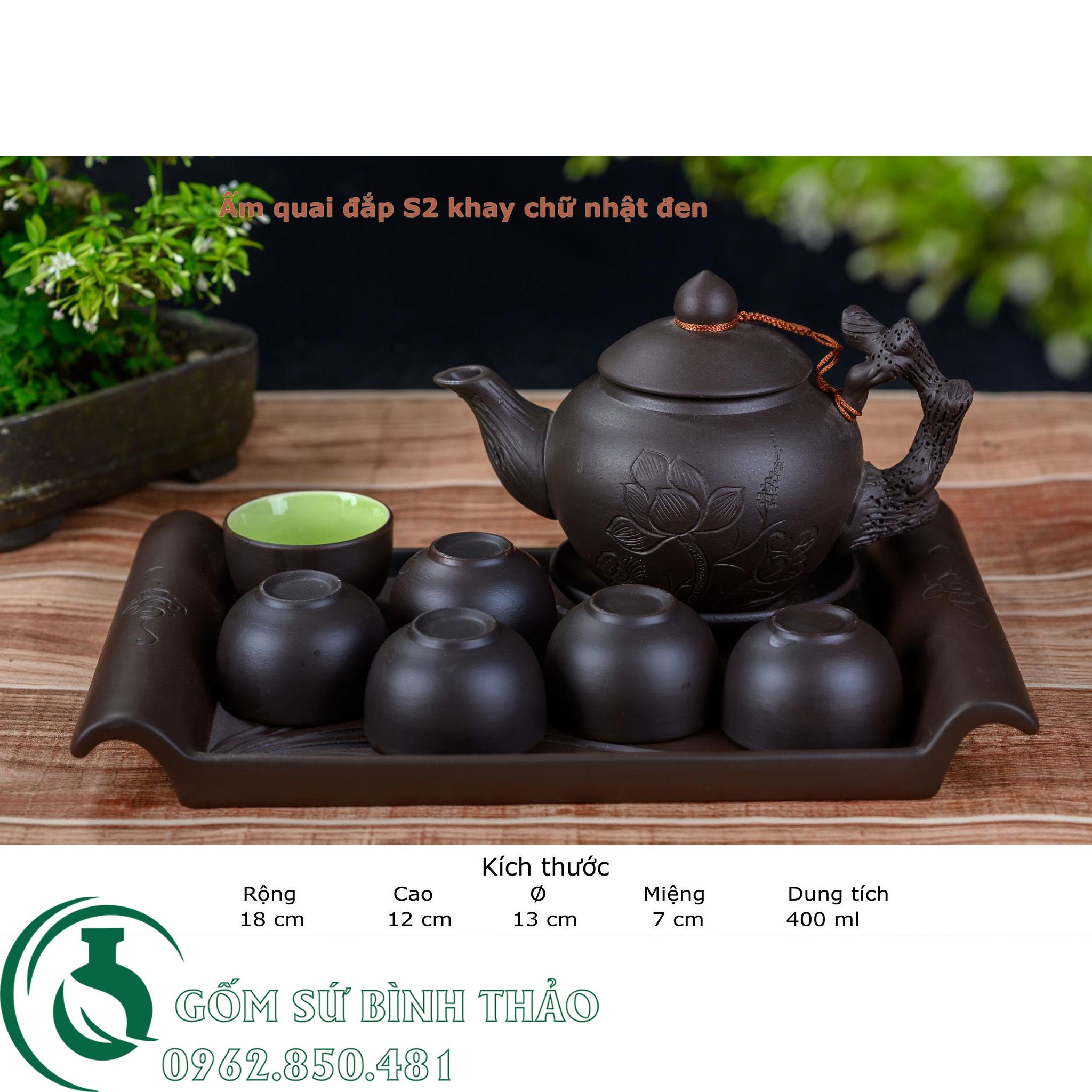 Bộ ấm trà quai đắp tử sa Bát Tràng