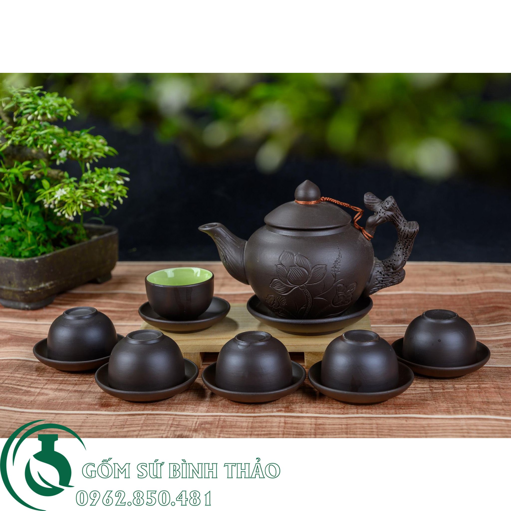 Bộ ấm trà quai đắp tử sa Bát Tràng