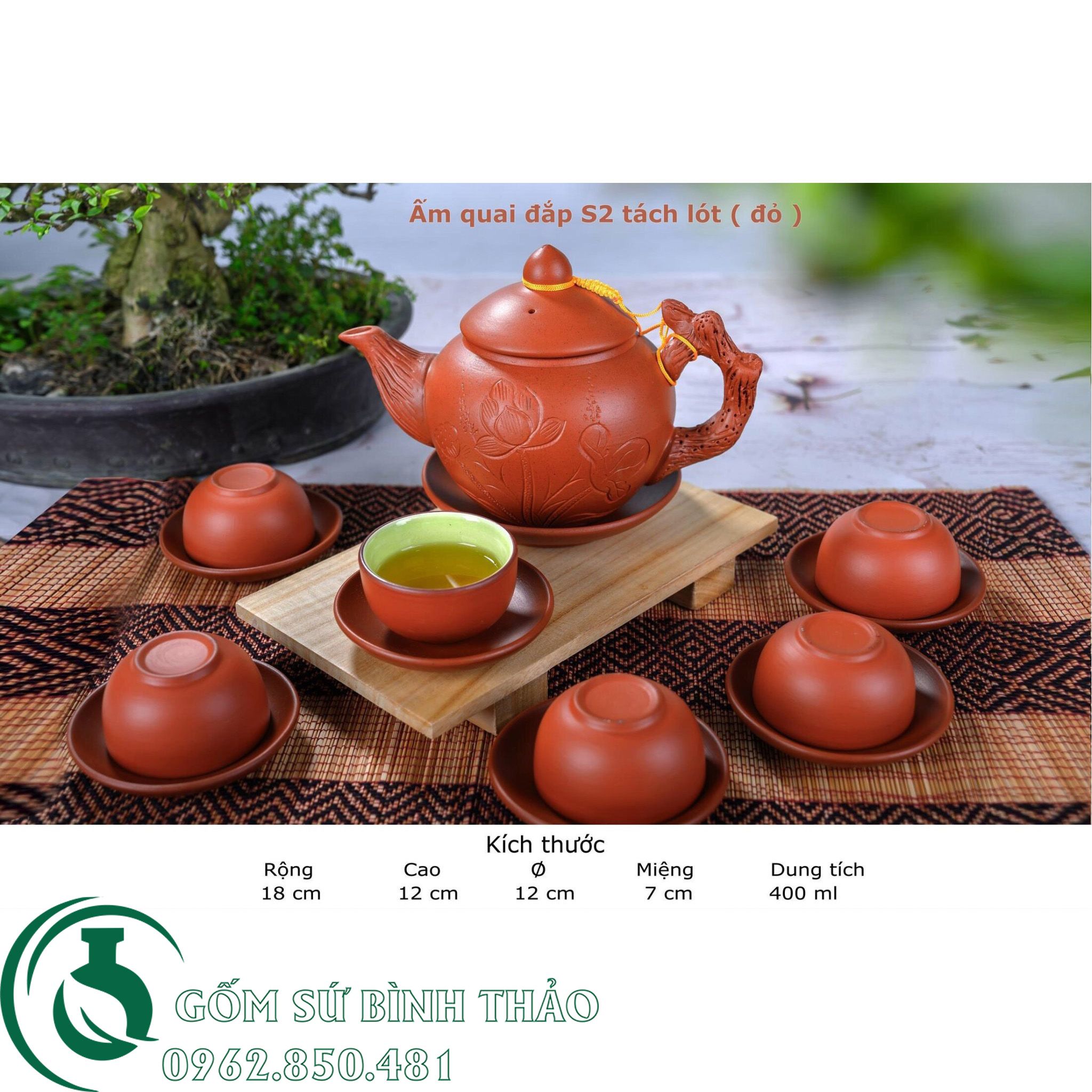 Bộ ấm trà quai đắp tử sa Bát Tràng