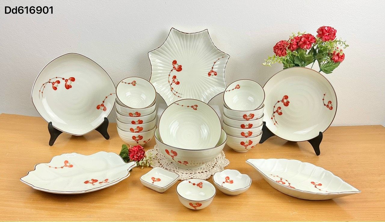 Bộ đồ ăn Vẽ tay hàng Bát Tràng họa tiết Đào đông DH