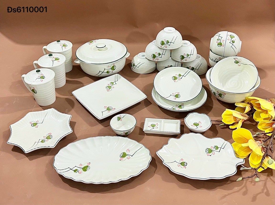 Bộ đồ ăn Vẽ tay hàng Bát Tràng họa tiết Đài Sen DH