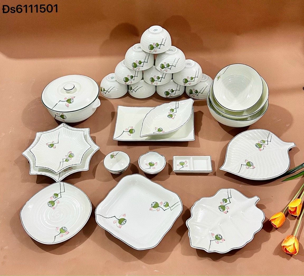 Bộ đồ ăn Vẽ tay hàng Bát Tràng họa tiết Đài Sen DH