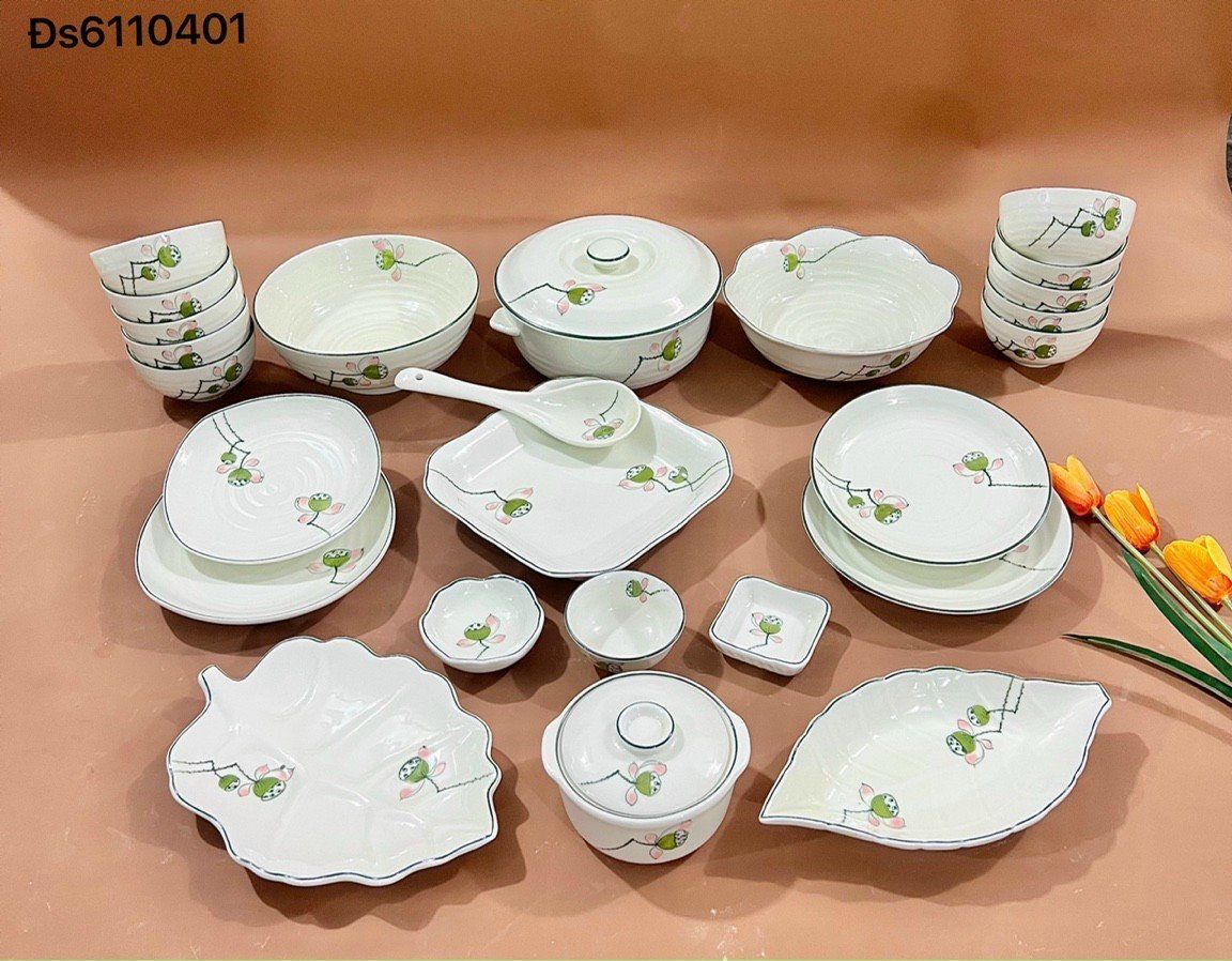 Bộ đồ ăn Vẽ tay hàng Bát Tràng họa tiết Đài Sen DH