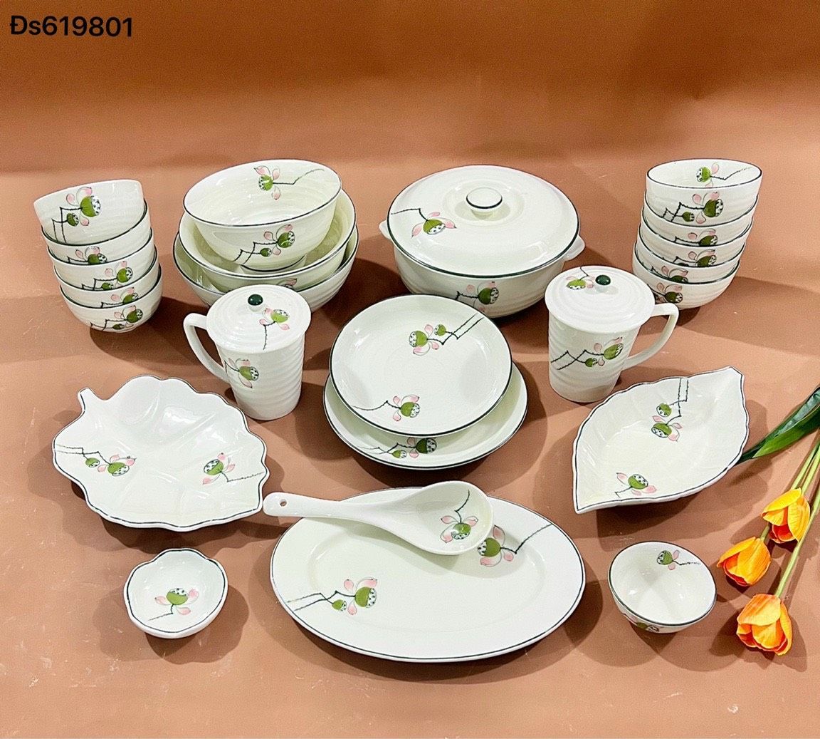 Bộ đồ ăn Vẽ tay hàng Bát Tràng họa tiết Đài Sen DH