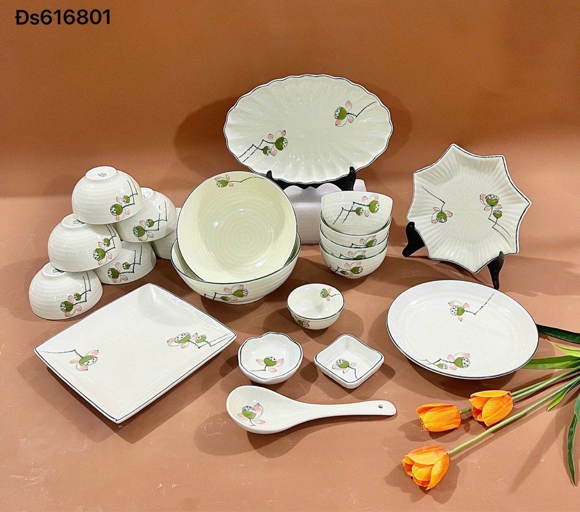 Bộ đồ ăn Vẽ tay hàng Bát Tràng họa tiết Đài Sen DH
