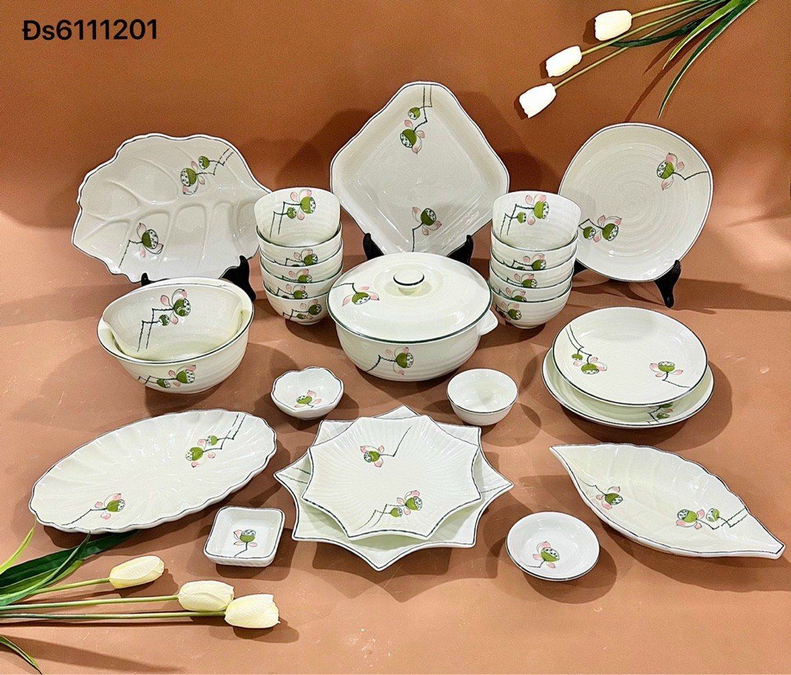 Bộ đồ ăn Vẽ tay hàng Bát Tràng họa tiết Đài Sen DH