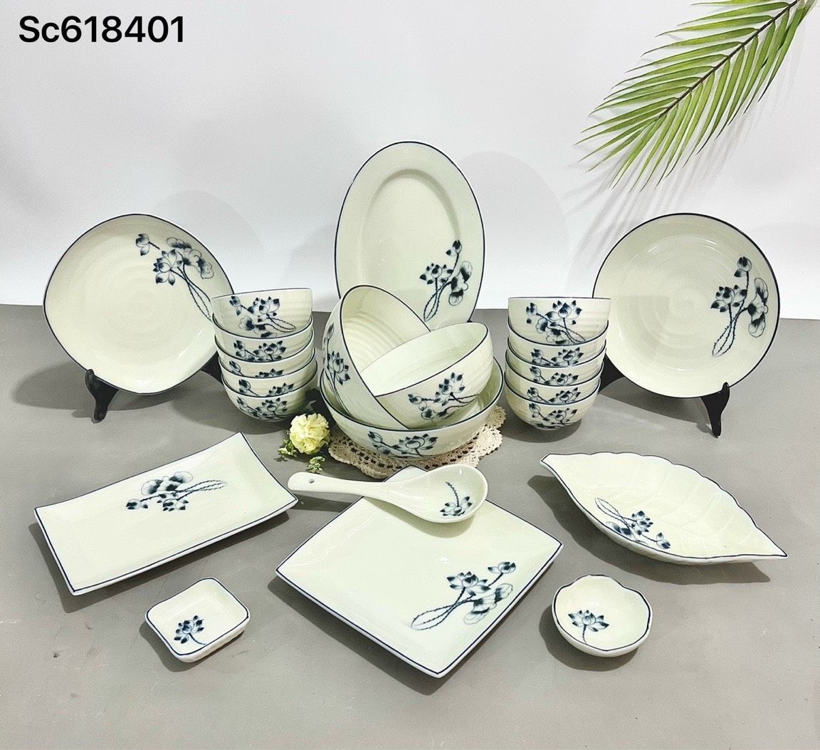 Bộ đồ ăn Vẽ tay hàng Bát Tràng họa tiết Sen Chàm DH