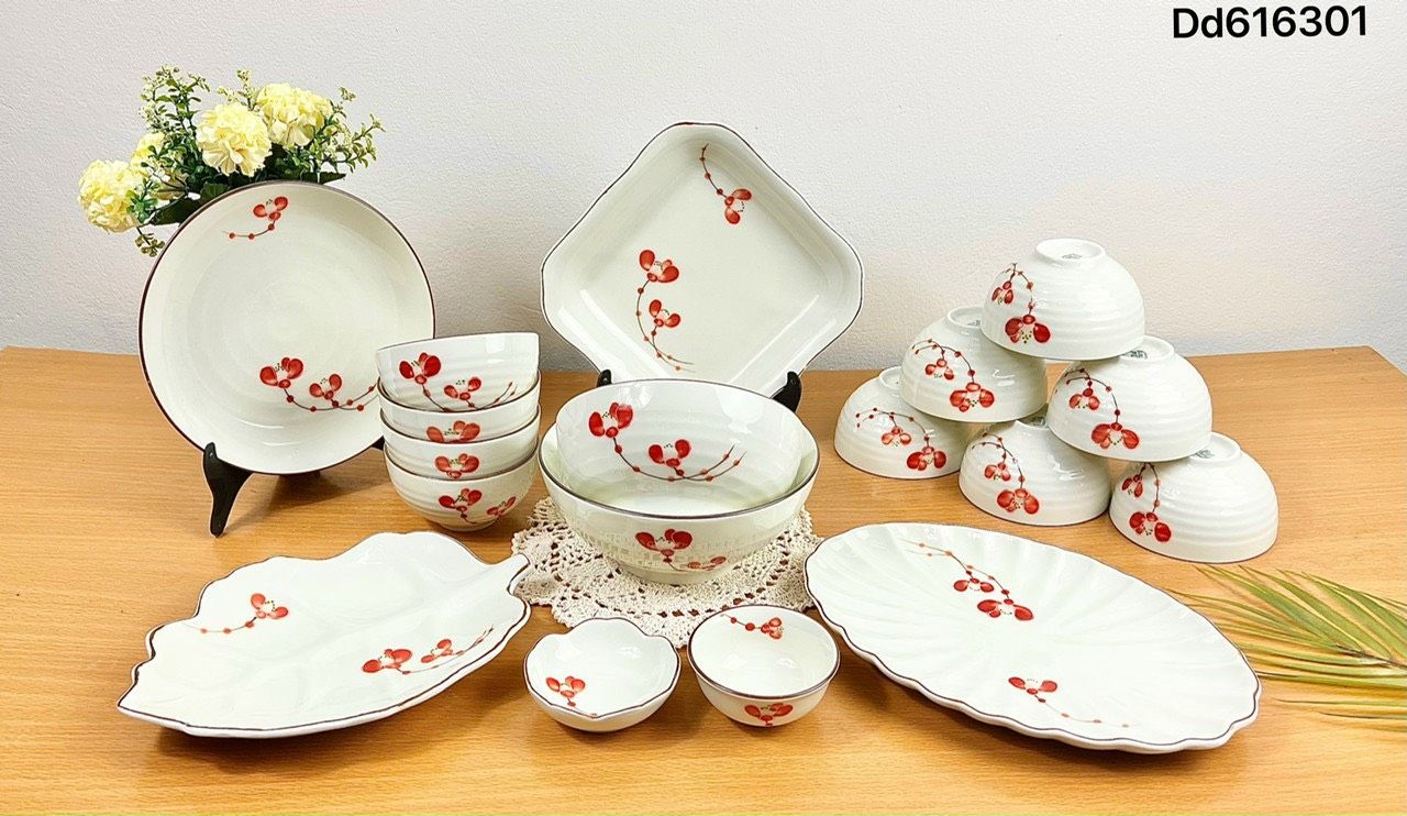 Bộ đồ ăn Vẽ tay hàng Bát Tràng họa tiết Đào đông DH
