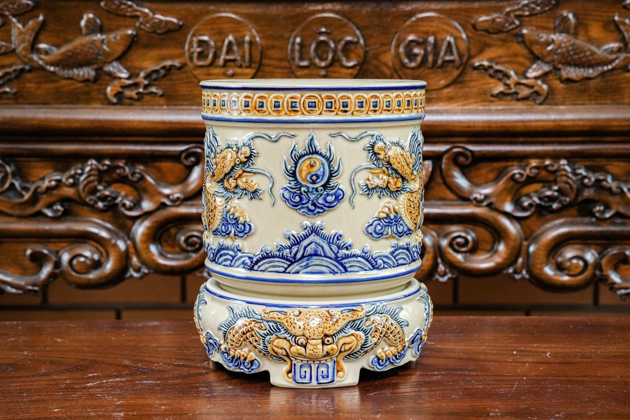 Bát hương Rồng Men hoàng thổ Đắp nổi Cao cấp - Gốm Nghệ nhân Bát Tràng