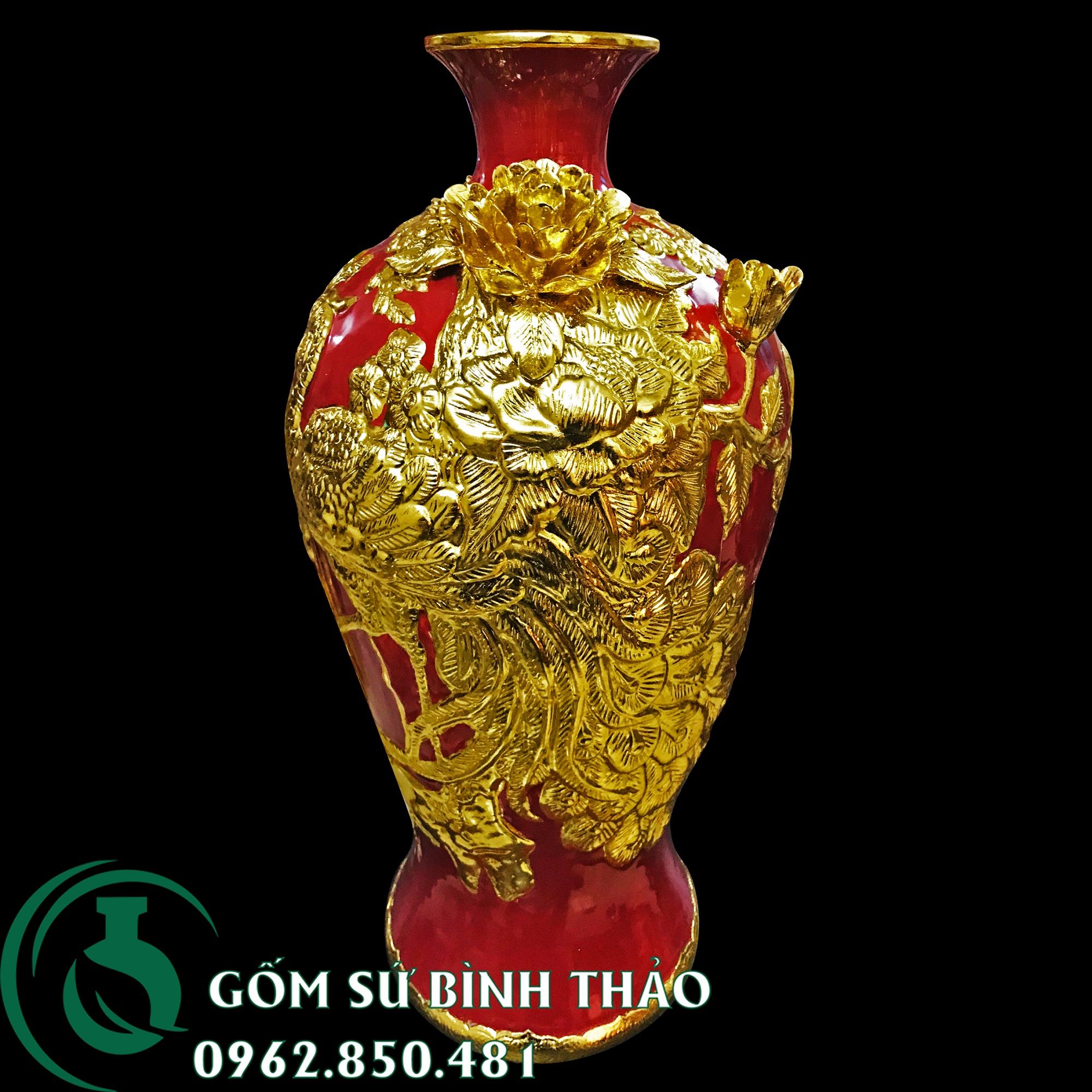 Bình mai Bát Tràng men đỏ dát vàng - công thành danh toại